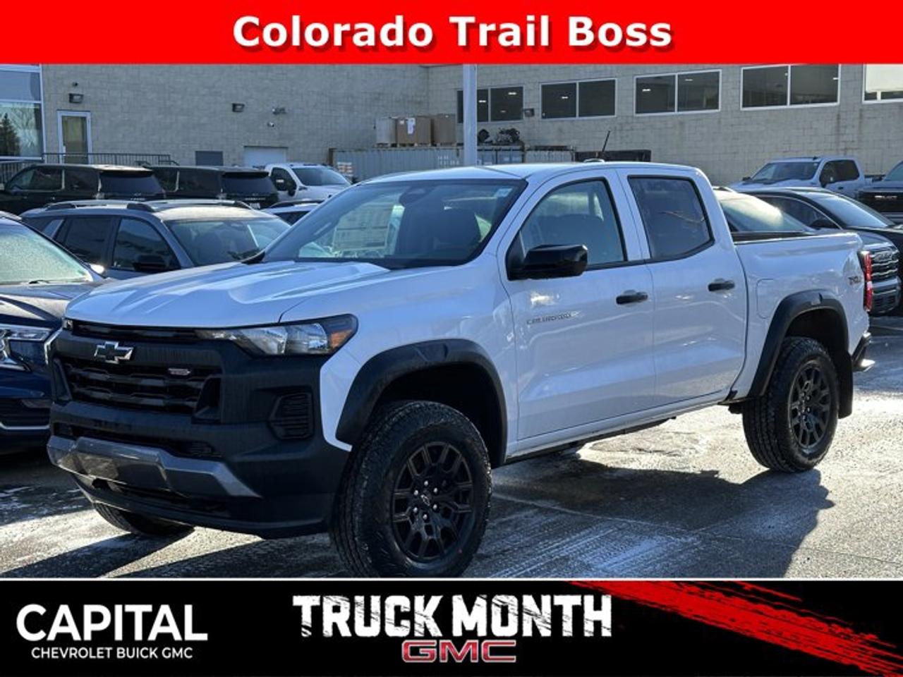 This Chevrolet Colorado delivers a Turbocharged Gas I4 2.7L/ engine powering this Automatic transmission. TRANSMISSION, 8-SPEED AUTOMATIC (STD), TRAIL BOSS PREFERRED EQUIPMENT GROUP includes standard equipment, TIRES, 265/65R18 ALL-TERRAIN, BLACKWALL, 32 OD (STD).*This Chevrolet Colorado Comes Equipped with These Options *REAR AXLE, 3.42 RATIO, LPO, FLEXIBLE OFF-ROAD SPLASH GUARDS (dealer-installed), ENGINE, TURBOMAX (310 hp [231 kW] @ 5600 rpm, 430 lb-ft of torque [583 Nm] @ 3000 rpm) (STD), ENGINE BLOCK HEATER, Wireless phone projection, for Apple CarPlay and Android Auto, Windshield, solar absorbing, Windows, power with driver express up/down, Windows, power rear, express down, Window, rear-sliding, manual, Window, power front, passenger express down.* Visit Us Today *Live a little- stop by Capital Chevrolet Buick GMC Inc. located at 13103 Lake Fraser Drive SE, Calgary, AB T2J 3H5 to make this car yours today!