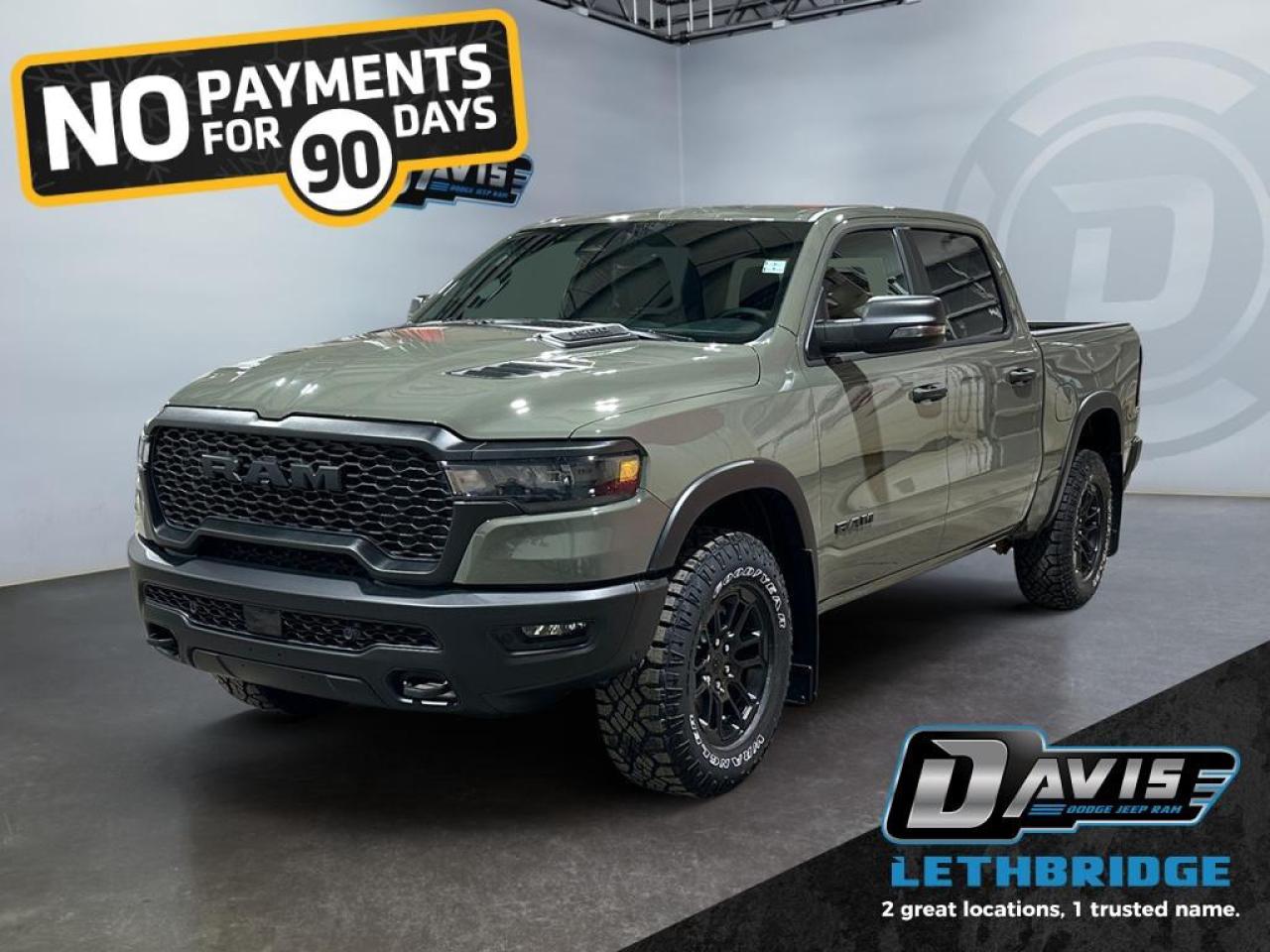 <b>Off-Road Suspension, Navigation, Apple CarPlay and Android Auto, E- Locker Rear Axle!<br /> <br /></b><br /> <br /> <br />The 2026 Ram 1500 Rebel combines rugged style and off-road performance. Finished in Diamond Black Crystal Pearl, it features a 3.0L I6 Twin-Turbo Hurricane engine, 8-speed automatic transmission, and 4x4 drivetrain with raised ride height, E-locker rear axle, and off-road wheel flares for superior capability on any terrain.<br /><br />Inside, this Rebel offers heated cloth/vinyl bucket seats, dual-zone climate control, 12 Uconnect 5 NAV touchscreen, Apple CarPlay, Android Auto, and GPS navigation. Convenience features include power-adjustable driver seat, upgraded floor console, rear 60/40 folding seats, and multiple storage solutions for both work and play.<br /><br />Safety and technology are top-notch with Adaptive Cruise Control with Stop & Go, Blind Spot Monitoring, ParkView rear camera, Pedestrian Emergency Braking, and Active Lane Management. Exterior enhancements include black grille and headlamp bezels, sport performance hood, dual exhaust with black tips, 18 painted black wheels, and Mopar rubber floor mats, making it a standout on the road and off.<br /> <br />To apply right now for financing use this link: <a href=https://www.bridgecitychrysler.com/pre-approval/ target=_blank rel=nofollow noopener noreferrer>https://www.bridgecitychrysler.com/pre-approval/</a><br /><br /> <br /><br />As a premier Chrysler, Dodge, Jeep and RAM dealership, Bridge City Chrysler proudly offers an extensive selection of new and used vehicles to meet every drivers needs. Customers across Lethbridge, Fort Macleod, Taber, Claresholm, Coaldale, and beyond trust us for daily vehicle specials, certified service and parts, and a seamless online inventory experience. <br /><br /> With competitive financing options and expert support, we make car buying easy and enjoyable. <br /><br /> Ready to hit the road? Schedule your test drive today at Bridge City Chrysler, your trusted Chrysler, Dodge, Jeep and RAM dealer in Lethbridge, Alberta.<br /><br /> Vehicle pricing offer shown expires 2026-01-31. <br /> Come by and check out our fleet of 80+ used cars and trucks and 120+ new cars and trucks for sale in Lethbridge. o~o