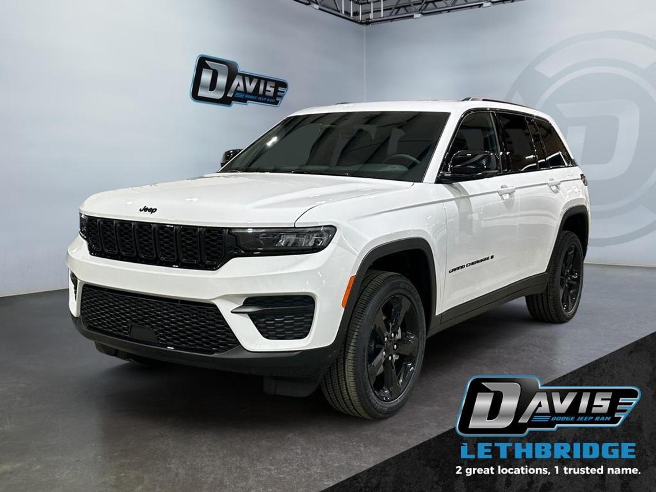 <b>Leather and Suede Seats, Heated Seats, Heated Steering Wheel, Adaptive Cruise Control!<br /> <br /></b><br /> <br /> <br />Stand out in the 2025 Jeep Grand Cherokee Altitude 4x4, finished in Bright White with premium Capri leatherette seats with suede inserts. Powered by the proven 3.6L Pentastar V6 and an 8-speed automatic transmission, this Grand Cherokee delivers confident performance, smooth drivability, and all-weather capability.<br /><br />The Altitude Appearance Package adds Gloss Black exterior accents, 20-inch Gloss Black wheels, and a sleek black headliner for a modern, upscale look. Inside, comfort comes standard with heated front seats, a heated steering wheel, dual-zone automatic climate control, a power 8-way driver seat, and a wireless charging pad. The spacious cabin offers flexible cargo options with a 60/40 split-folding rear seat.<br /><br />Advanced tech includes a 10.25" digital gauge cluster, Uconnect 5 with 8.4" touchscreen, hands-free connectivity, USB media hub, and a built-in 4G LTE Wi-Fi hotspot. Safety is fully equipped with Adaptive Cruise Control, Forward Collision Warning Plus, Pedestrian/Cyclist Emergency Braking, Blind-Spot Monitoring, Rear Cross-Path Detection, and Park-Sense Rear Park Assist with stop.<br /><br />With a power liftgate, rain-sensing wipers, Remote Start, and Jeeps signature capability, this Grand Cherokee Altitude blends style, technology, and everyday practicality.<br /> <br />To apply right now for financing use this link: <a href=https://lethbridge.davisdodge.ca/free-credit-check/ target=_blank rel=nofollow noopener noreferrer>https://lethbridge.davisdodge.ca/free-credit-check/</a><br /><br /> <br /><br />As a premier Chrysler, Dodge, Jeep and RAM dealership, Davis Dodge proudly offers an extensive selection of new and used vehicles to meet every drivers needs. Customers across Lethbridge, Fort Macleod, Taber, Claresholm, Coaldale, and beyond trust us for daily vehicle specials, certified service and parts, and a seamless online inventory experience. <br /><br /> With competitive financing options and expert support, we make car buying easy and enjoyable. <br /><br /> Ready to hit the road? Schedule your test drive today at Davis Dodge, your trusted Chrysler, Dodge, Jeep and RAM dealer in Lethbridge, Alberta.<br /><br /> Vehicle pricing offer shown expires 2026-04-30. <br /> Come by and check out our fleet of 70+ used cars and trucks and 110+ new cars and trucks for sale in Lethbridge. o~o
