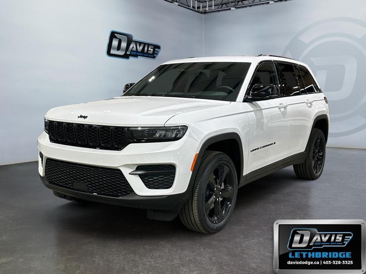 <b>Leather and Suede Seats, Heated Seats, Heated Steering Wheel, Adaptive Cruise Control!<br /> <br /></b><br /> Stand out in the 2025 Jeep Grand Cherokee Altitude 4x4, finished in Bright White with premium Capri leatherette seats with suede inserts. Powered by the proven 3.6L Pentastar V6 and an 8-speed automatic transmission, this Grand Cherokee delivers confident performance, smooth drivability, and all-weather capability.<br /><br />The Altitude Appearance Package adds Gloss Black exterior accents, 20-inch Gloss Black wheels, and a sleek black headliner for a modern, upscale look. Inside, comfort comes standard with heated front seats, a heated steering wheel, dual-zone automatic climate control, a power 8-way driver seat, and a wireless charging pad. The spacious cabin offers flexible cargo options with a 60/40 split-folding rear seat.<br /><br />Advanced tech includes a 10.25" digital gauge cluster, Uconnect 5 with 8.4" touchscreen, hands-free connectivity, USB media hub, and a built-in 4G LTE Wi-Fi hotspot. Safety is fully equipped with Adaptive Cruise Control, Forward Collision Warning Plus, Pedestrian/Cyclist Emergency Braking, Blind-Spot Monitoring, Rear Cross-Path Detection, and Park-Sense Rear Park Assist with stop.<br /><br />With a power liftgate, rain-sensing wipers, Remote Start, and Jeeps signature capability, this Grand Cherokee Altitude blends style, technology, and everyday practicality.<br /> <br />To apply right now for financing use this link: <a href=https://lethbridge.davisdodge.ca/free-credit-check/ target=_blank rel=nofollow noopener noreferrer>https://lethbridge.davisdodge.ca/free-credit-check/</a><br /> <br /><br />As a premier Chrysler, Dodge, Jeep and RAM dealership, Davis Dodge proudly offers an extensive selection of new and used vehicles to meet every drivers needs. Customers across Lethbridge, Fort Macleod, Taber, Claresholm, Coaldale, and beyond trust us for daily vehicle specials, certified service and parts, and a seamless online inventory experience. <br /><br /> With competitive financing options and expert support, we make car buying easy and enjoyable. <br /><br /> Ready to hit the road? Schedule your test drive today at Davis Dodge, your trusted Chrysler, Dodge, Jeep and RAM dealer in Lethbridge, Alberta.<br /><br /> Vehicle pricing offer shown expires 2026-06-30. <br /> Come by and check out our fleet of 60+ used cars and trucks and 100+ new cars and trucks for sale in Lethbridge. o~o