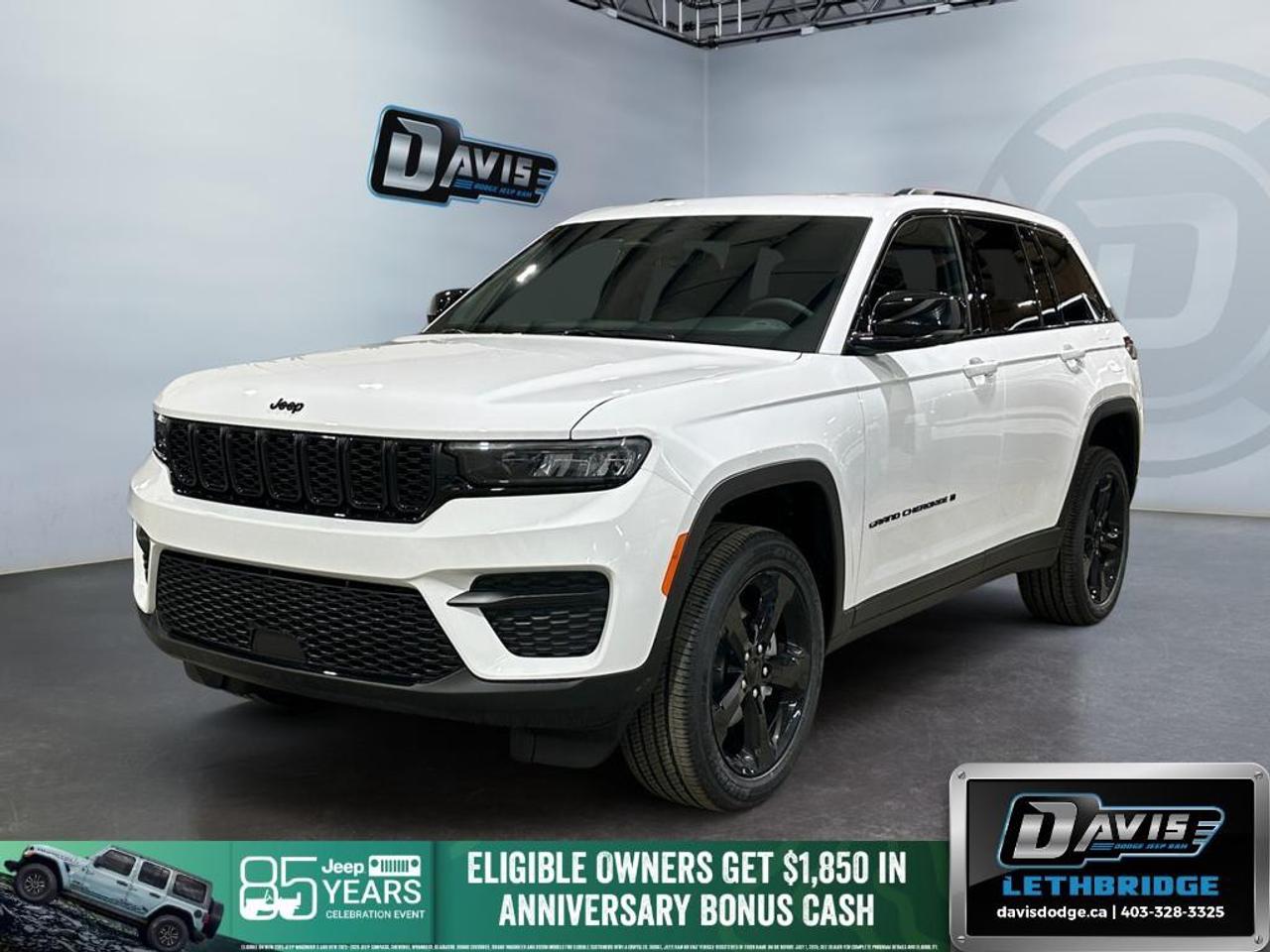 <b>Leather and Suede Seats, Heated Seats, Heated Steering Wheel, Adaptive Cruise Control!<br /> <br /></b><br /> Stand out in the 2025 Jeep Grand Cherokee Altitude 4x4, finished in Bright White with premium Capri leatherette seats with suede inserts. Powered by the proven 3.6L Pentastar V6 and an 8-speed automatic transmission, this Grand Cherokee delivers confident performance, smooth drivability, and all-weather capability.<br /><br />The Altitude Appearance Package adds Gloss Black exterior accents, 20-inch Gloss Black wheels, and a sleek black headliner for a modern, upscale look. Inside, comfort comes standard with heated front seats, a heated steering wheel, dual-zone automatic climate control, a power 8-way driver seat, and a wireless charging pad. The spacious cabin offers flexible cargo options with a 60/40 split-folding rear seat.<br /><br />Advanced tech includes a 10.25" digital gauge cluster, Uconnect 5 with 8.4" touchscreen, hands-free connectivity, USB media hub, and a built-in 4G LTE Wi-Fi hotspot. Safety is fully equipped with Adaptive Cruise Control, Forward Collision Warning Plus, Pedestrian/Cyclist Emergency Braking, Blind-Spot Monitoring, Rear Cross-Path Detection, and Park-Sense Rear Park Assist with stop.<br /><br />With a power liftgate, rain-sensing wipers, Remote Start, and Jeeps signature capability, this Grand Cherokee Altitude blends style, technology, and everyday practicality.<br /> <br />To apply right now for financing use this link: <a href=https://lethbridge.davisdodge.ca/free-credit-check/ target=_blank rel=nofollow noopener noreferrer>https://lethbridge.davisdodge.ca/free-credit-check/</a><br /> <br /><br />As a premier Chrysler, Dodge, Jeep and RAM dealership, Davis Dodge proudly offers an extensive selection of new and used vehicles to meet every drivers needs. Customers across Lethbridge, Fort Macleod, Taber, Claresholm, Coaldale, and beyond trust us for daily vehicle specials, certified service and parts, and a seamless online inventory experience. <br /><br /> With competitive financing options and expert support, we make car buying easy and enjoyable. <br /><br /> Ready to hit the road? Schedule your test drive today at Davis Dodge, your trusted Chrysler, Dodge, Jeep and RAM dealer in Lethbridge, Alberta.<br /><br /> Vehicle pricing offer shown expires 2026-07-31. <br /> Come by and check out our fleet of 50+ used cars and trucks and 110+ new cars and trucks for sale in Lethbridge. o~o