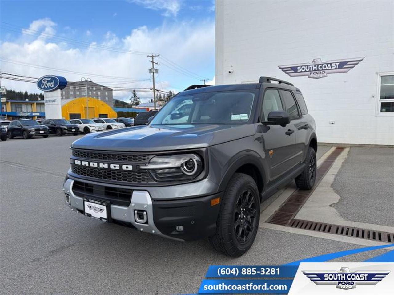 <b>Sunroof, Leather Seats, Badlands Tech Package!</b><br> <br> The 2026 Ford Bronco Sport stands out with its confident presence, rugged design cues and ready-for-anything attitude. <br> <br>The 2026 Ford Bronco Sport combines rugged styling, modern tech and flexible utility to create a compact SUV that doesnt compromise on spirit. Inside, the cabin features quality materials, intuitive connectivity and thoughtful design to keep passengers comfortable and engaged. With its trail-ready attitude, confident presence and Fords heritage of capability, the Bronco Sport is built to carry your lifestyle forward.<br> <br>This Carbonized Grey Metallic SUV has a 8 Speed Automatic transmission and is powered by a 250HP 2.0L 4 Cylinder Engine. <br> <br> Our Bronco Sports trim level is Badlands. The cabin features leather-trimmed heated sport contour seats with power adjustments and memory settings, complemented by a heated leather steering wheel and dual-zone automatic climate control for all-season comfort. The SYNC 4 infotainment system with a 13.2-inch touchscreen, wireless Apple CarPlay and Android Auto, Alexa integration, and adaptive cruise control with stop-and-go ensures effortless connectivity and convenience. Versatile interior design, thoughtful storage solutions, and remote start functionality enhance everyday usability, while durable vinyl flooring and rubberized mats make it easy to clean after any adventure. On the outside, bold 17-inch matte black aluminum wheels, all-terrain tires, LED headlights, and dual tow hooks highlight its capability and confidence. The Terrain Management System offers seven G.O.A.T. modes, including rock crawl and rally, supported by a rear locking differential and electro-mechanical limited-slip technology for precise traction on any surface. Ford Co-Pilot360 safety features provide comprehensive protection with BLIS, Pre-Collision Assist with Automatic Emergency Braking, Evasion Assist, an Aerial View Camera System, and Reverse Brake Assist, ensuring complete confidence whether navigating city streets or tackling rugged trails. This vehicle has been upgraded with the following features: Sunroof, Leather Seats, Badlands Tech Package.<br><br> View the original window sticker for this vehicle with this url <b><a href=http://www.windowsticker.forddirect.com/windowsticker.pdf?vin=3FMCR9DA5TRE02946 target=_blank>http://www.windowsticker.forddirect.com/windowsticker.pdf?vin=3FMCR9DA5TRE02946</a></b>.<br> <br>To apply right now for financing use this link: <a href=https://www.southcoastford.com/financing/ target=_blank>https://www.southcoastford.com/financing/</a><br><br> <br/> Total  rebate of $4000 is reflected in the price.  <br> Buy this vehicle now for the lowest bi-weekly payment of <b>$415.53</b> with $0 down for 84 months @ 7.99% APR O.A.C. ( taxes included, $695 Administration Fee included    / Total Obligation of $69427  ).  Incentives expire 2026-04-30.  See dealer for details. <br> <br>Call South Coast Ford Sales or come visit us in person. Were convenient to Sechelt, BC and located at 5606 Wharf Avenue. and look forward to helping you with your automotive needs. <br><br> Come by and check out our fleet of 20+ used cars and trucks and 90+ new cars and trucks for sale in Sechelt.  o~o