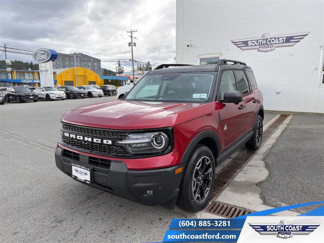 <b>Heated Steering Wheel,  Remote Start,  Fog Lamps,  Heated Seats,  Adaptive Cruise Control!</b><br> <br> The 2026 Ford Bronco Sport stands out with its confident presence, rugged design cues and ready-for-anything attitude. <br> <br>The 2026 Ford Bronco Sport combines rugged styling, modern tech and flexible utility to create a compact SUV that doesnt compromise on spirit. Inside, the cabin features quality materials, intuitive connectivity and thoughtful design to keep passengers comfortable and engaged. With its trail-ready attitude, confident presence and Fords heritage of capability, the Bronco Sport is built to carry your lifestyle forward.<br> <br>This Red Ruby Metallic Tintcoat SUV has a 8 Speed Automatic transmission and is powered by a 181HP 1.5L 3 Cylinder Engine. <br> <br> Our Bronco Sports trim level is Outer Banks. Inside, premium-trimmed heated sport contour seats, a power-adjustable drivers seat with memory, and a heated leatherette steering wheel deliver comfort and control for every journey. The intuitive SYNC 4 infotainment system with a 13.2-inch touchscreen, wireless Apple CarPlay and Android Auto, Alexa integration, and adaptive cruise control with stop-and-go ensure seamless connectivity and convenience on the road. Dual-zone automatic climate control, smart device remote start, and a proximity key with push-button ignition add everyday ease, while thoughtful touches like ambient lighting, premium interior accents, and ample cargo versatility enhance practicality. Outside, 18-inch ebony black-painted aluminum wheels, LED headlights, and black body trim create a bold and athletic presence complemented by off-road-ready features like all-season tires, a Terrain Management System with five G.O.A.T. modes, and part- and full-time four-wheel drive. Safety comes standard with Ford Co-Pilot360 technology, including BLIS with Cross-Traffic Alert, Pre-Collision Assist with Automatic Emergency Braking, Lane Keeping Assist, Rear Cross-Traffic Braking, and a rearview camera, providing confidence and peace of mind whether navigating city streets or taking the scenic route. This vehicle has been upgraded with the following features: Heated Steering Wheel, Remote Start, Fog Lamps, Heated Seats, Adaptive Cruise Control, Lane Keep Assist, Collision Mitigation.<br><br> View the original window sticker for this vehicle with this url <b><a href=http://www.windowsticker.forddirect.com/windowsticker.pdf?vin=3FMCR9CN5TRE03583 target=_blank>http://www.windowsticker.forddirect.com/windowsticker.pdf?vin=3FMCR9CN5TRE03583</a></b>.<br> <br>To apply right now for financing use this link: <a href=https://www.southcoastford.com/financing/ target=_blank>https://www.southcoastford.com/financing/</a><br><br> <br/> Total  rebate of $4000 is reflected in the price.  <br> Buy this vehicle now for the lowest bi-weekly payment of <b>$371.86</b> with $0 down for 84 months @ 7.99% APR O.A.C. ( taxes included, $695 Administration Fee included    / Total Obligation of $62130  ).  Incentives expire 2026-04-30.  See dealer for details. <br> <br>Call South Coast Ford Sales or come visit us in person. Were convenient to Sechelt, BC and located at 5606 Wharf Avenue. and look forward to helping you with your automotive needs. <br><br> Come by and check out our fleet of 20+ used cars and trucks and 90+ new cars and trucks for sale in Sechelt.  o~o