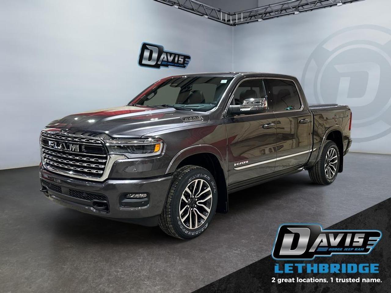 <b>Power Tailgate, Power Running Boards, 19 Speaker Harman/Kardon Premium Audio, Massage Seats, Cooled Seats!<br /> <br /></b><br /> <br /> <br />Experience luxury and capability with the 2026 Ram 1500 Limited in Granite Crystal Metallic Clear Coat. This 4x4 Crew Cab is powered by a 3.0L I6 Hurricane Twin-Turbo engine paired with an 8-speed automatic transmission, offering smooth performance, high towing capacity, and exceptional off-road readiness with air suspension, tow hooks, Class IV receiver hitch, heavy-duty shocks, and all-wheel fender flares.<br /><br />Inside, the Limited delivers premium comfort with quilted leather bucket seats, ventilated front and rear seats, heated front seats, dual-zone climate control, power-adjustable 8-way driver and passenger seats with memory, full-length premium floor console, and active noise control. Technology highlights include a Uconnect 5 NAV 14.4 touchscreen, Apple CarPlay, Android Auto, GPS navigation, 19-speaker Harman Kardon premium audio, dual wireless charging, panoramic dual-pane sunroof, head-up display, and rear passenger interactive display.<br /><br />Safety is cutting-edge with Adaptive Cruise Control with Stop & Go, Blind Spot and Cross Path Detection, Active Lane Management, Pedestrian Emergency Braking, Full-Speed Forward Collision Warning, ParkSense Front/Rear Park Assist, Traffic Sign Recognition, Intersection Collision Assist, and Evasive Steering Assist. Exterior upgrades include chrome grille and badges, LED lighting, body-color bumpers, RAMBox Cargo Management, power-deployable running boards, dual rear exhaust with bright tips, and Mopar spray-in bedliner.<br /> <br />To apply right now for financing use this link: <a href=https://lethbridge.davisdodge.ca/free-credit-check/ target=_blank rel=nofollow noopener noreferrer>https://lethbridge.davisdodge.ca/free-credit-check/</a><br /><br /> <br /><br />As a premier Chrysler, Dodge, Jeep and RAM dealership, Davis Dodge proudly offers an extensive selection of new and used vehicles to meet every drivers needs. Customers across Lethbridge, Fort Macleod, Taber, Claresholm, Coaldale, and beyond trust us for daily vehicle specials, certified service and parts, and a seamless online inventory experience. <br /><br /> With competitive financing options and expert support, we make car buying easy and enjoyable. <br /><br /> Ready to hit the road? Schedule your test drive today at Davis Dodge, your trusted Chrysler, Dodge, Jeep and RAM dealer in Lethbridge, Alberta.<br /><br /> Vehicle pricing offer shown expires 2026-04-30. <br /> Come by and check out our fleet of 70+ used cars and trucks and 110+ new cars and trucks for sale in Lethbridge. o~o