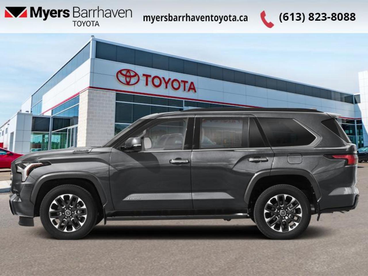 <b>Cooled Seats, Navigation, 360 Camera, Hybrid, Sunroof, Heated Seats, Apple CarPlay, Android Auto, Power Liftgate, Adaptive Cruise Control, Blind Spot Detection, Lane Keep Assist, Forward Collision Alert, Park Assist, Synthetic Leather Seats, SiriusXM</b><br> <br>  Compare at $93494 - Our Live Market Price is just $89898! <br> <br>   With impressive hauling capability, this 2025 Sequoia is ready for your next family adventure. This  2025 Toyota Sequoia is fresh on our lot in Ottawa. <br> <br>This 2025 Toyota Sequoia offers a range of endless configuration, with impressive connectivity and infotainment tech keeping occupants entertained throughout the journey. With all-new powertrain options that deliver incredible performance and great efficiency, this 2025 Sequoia goes places other SUVs can only dream of.This  SUV has 24,223 kms. Its  magnetic grey metallic in colour  . It has an automatic transmission and is powered by a  smooth engine. <br> <br> Our Sequoias trim level is Limited. This Sequoia Limited steps things up with an upgraded 14-inch infotainment screen with inbuilt navigation, a 360-degree aerial view camera, exclusive alloy wheels and a dual-panel glass sunroof with a power sunshade, in addition to class IV towing equipment including a hitch, brake controller, sway control and a wiring harness, a power liftgate, and a full-size spare wheel. Occupants are cocooned in luxury thanks to ventilated and heated front seats in SofTex synthetic leather upholstery with power adjustment and lumbar support, dual-zone climate control, a heated steering wheel, front and rear cupholders, and an 8-inch Toyota Multimedia screen with wireless Apple CarPlay, Android Auto, and Toyota Assistant. Road safety is assured thanks to adaptive cruise control, front and rear parking sensors with auto braking, blind spot monitoring, lane keeping assist with lane departure warning, forward collision alert, and driver monitoring alert. Additional features include chrome power heated side mirrors, USB A and USB C charging ports, 40/20/40 folding split-bench 2nd row seats, and 60/40 fixed split-bench 3rd row seats.<br> <br>To apply right now for financing use this link : <a href=https://www.myersbarrhaventoyota.ca/quick-approval/ target=_blank>https://www.myersbarrhaventoyota.ca/quick-approval/</a><br><br> <br/><br> Buy this vehicle now for the lowest bi-weekly payment of <b>$625.26</b> with $0 down for 84 months @ 6.99% APR O.A.C. ( Plus applicable taxes -  Plus applicable fees   ).  See dealer for details. <br> <br>At Myers Barrhaven Toyota we pride ourselves in offering highly desirable pre-owned vehicles. We truly hand pick all our vehicles to offer only the best vehicles to our customers. No two used cars are alike, this is why we have our trained Toyota technicians highly scrutinize all our trade ins and purchases to ensure we can put the Myers seal of approval. Every year we evaluate 1000s of vehicles and only 10-15% meet the Myers Barrhaven Toyota standards. At the end of the day we have mutual interest in selling only the best as we back all our pre-owned vehicles with the Myers *LIFETIME ENGINE TRANSMISSION warranty. Thats right *LIFETIME ENGINE TRANSMISSION warranty, were in this together! If we dont have what youre looking for not to worry, our experienced buyer can help you find the car of your dreams! Ever heard of getting top dollar for your trade but not really sure if you were? Here we leave nothing to chance, every trade-in we appraise goes up onto a live online auction and we get buyers coast to coast and in the USA trying to bid for your trade. This means we simultaneously expose your car to 1000s of buyers to get you top trade in value. <br>We service all makes and models in our new state of the art facility where you can enjoy the convenience of our onsite restaurant, service loaners, shuttle van, free Wi-Fi, Enterprise Rent-A-Car, on-site tire storage and complementary drink. Come see why many Toyota owners are making the switch to Myers Barrhaven Toyota. <br>*LIFETIME ENGINE TRANSMISSION WARRANTY NOT AVAILABLE ON VEHICLES WITH KMS EXCEEDING 140,000KM, VEHICLES 8 YEARS & OLDER, OR HIGHLINE BRAND VEHICLE(eg. BMW, INFINITI. CADILLAC, LEXUS...) o~o
