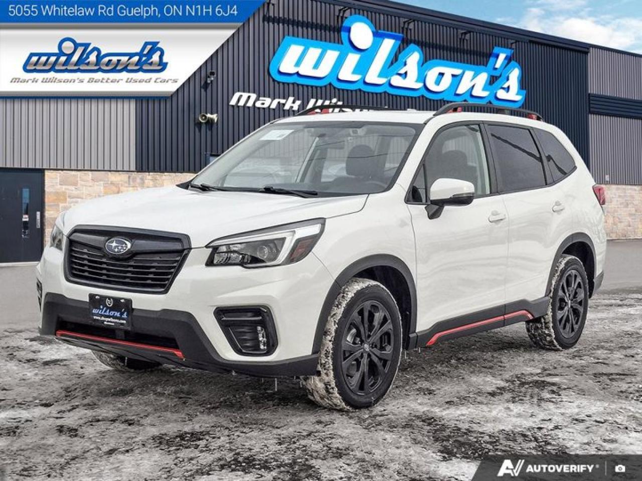 Check out this certified 2021 Subaru Forester Sport AWD | Moonroof | Adaptive Cruise | Heated Seats & Steering | Apple CarPlay | and More !. Its Automatic transmission and 2.5 L engine will keep you going. This Subaru Forester features the following options: Panoramic Roof, Heated Steering Wheel, Apple Car Play, Air Conditioning, Adaptive Cruise Control, Heated Seats, Tilt Steering Wheel, Steering Radio Controls, Power Windows, and Power Locks. Test drive this vehicle at Mark Wilsons Better Used Cars, 5055 Whitelaw Road, Guelph, ON N1H 6J4.60+ years of World Class Service!500+ Live Market Priced VEHICLES! ONE MASSIVE LOCATION!Free Local Delivery Available!FINANCING! - Better than bank rates! 6 Months No Payments available on approved credit OAC. Zero Down Available. We have expert licensed credit specialists to secure the best possible rate for you and keep you on budget ! We are your financing broker, let us do all the leg work on your behalf! Click the RED Apply for Financing button to the right to get started or drop in today!BAD CREDIT APPROVED HERE! - You dont need perfect credit to get a vehicle loan at Mark Wilsons Better Used Cars! We have a dedicated licensed team of credit rebuilding experts on hand to help you get the car of your dreams!WE LOVE TRADE-INS! - Top dollar trade-in values!SELL us your car even if you dont buy ours! HISTORY: Free Carfax report included.Certification included! No shady fees for safety!EXTENDED WARRANTY: Available30 DAY WARRANTY INCLUDED: 30 Days, or 3,000 km (mechanical items only). No Claim Limit (abuse not covered)5 Day Exchange Privilege! *(Some conditions apply)CASH PRICES SHOWN: Excluding HST and Licensing Fees.2021-2026 vehicles may be daily rentals. Please inquire with your Salesperson.