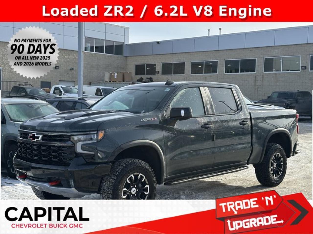 Accessories include tonneau cover.This Chevrolet Silverado 1500 boasts a Gas V8 6.2L/376 engine powering this Automatic transmission. ZR2 PREFERRED EQUIPMENT GROUP includes standard equipment, TRANSMISSION, 10-SPEED AUTOMATIC WITH ELECTRONIC TRANSMISSION RANGE SELECTOR (ETRS), electronically controlled with overdrive, tow-haul mode and steering column paddle shifters. Includes Cruise Grade Braking and Powertrain Grade Braking, SUNROOF, POWER on Crew Cab models.*This Chevrolet Silverado 1500 Features the Following Options *LPO, DARK ESSENTIALS PACKAGE includes (RIK) Black Silverado nameplates, along with where applicable, Black Custom/LT/RST/LTZ/High Country/6.2L/Duramax badges, LPO and (SB7) Black tailgate CHEVROLET lettering, LPO, (dealer-installed) , REAR AXLE, 3.23 RATIO, LPO, OFF-ROAD HIGH CLEARANCE STEPS (dealer-installed), LPO, BLACK NAMEPLATES (dealer-installed), LICENSE PLATE KIT, FRONT, GVWR, 7100 LBS. (3221 KG), ENGINE, 6.2L ECOTEC3 V8 (420 hp [313 kW] @ 5600 rpm, 460 lb-ft of torque [624 Nm] @ 4100 rpm); featuring Dynamic Fuel Management that enables the engine to operate in 17 different patterns between 2 and 8 cylinders, depending on demand, to optimize power delivery and efficiency, ENGINE BLOCK HEATER, CYPRESS GREY, ACTIVE EXHAUST Dual, sport-mode enabled.*Visit Us Today *For a must-own Chevrolet Silverado 1500 come see us at Capital Chevrolet Buick GMC Inc., 13103 Lake Fraser Drive SE, Calgary, AB T2J 3H5. Just minutes away!