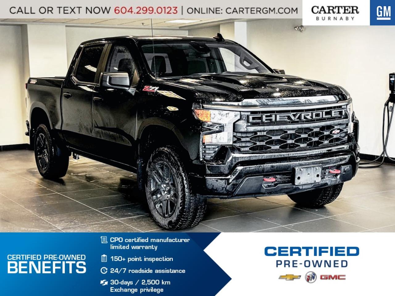 Conquer any terrain with this rugged and capable 2024 Chevrolet Silverado 1500 Custom Trail Boss 4WD. Powered by the 5.3L EcoTec3 V8 and equipped with the Z71 Off-Road Suspension Package that includes a 2" lift, monotube shocks, skid plates, and Hill Descent Control. All-terrain tires, heated power mirrors, and a 10-way power driver seat add comfort and control. The Trailering Package with Hitch Guidance, integrated trailer brake controller, HD Rear Vision Camera, and advanced safety tech make towing effortless.

Come take it for a test drive today and experience all this stylish vehicle has to offer!

WHY CARTER GM BURNABY?

- An unrivalled vehicle purchasing experience!
- Exceeding our loyal customers expectations since 1963
- 4.5 Google star rating (with 2,175+ customer reviews)
- Cargurus Top-rated Dealer 2025 Award
- Cargurus Top Value Dealer 2025 Award
- Peace of mind - 150-point vehicle inspection
- CARFAX - full vehicle service history - purchase with confidence!
- Vehicle trades welcome! Best price guaranteed!
- We provide upfront pricing, zero hidden fees, and 100% transparency
- Fast approvals and 99% acceptance rates (no matter your current credit status!)
- Multilingual staff (many languages spoken)
- Comfortable non-pressured environment with in-store television, WIFI and a childrens play area!
- In-store restaurant: fresh daily menu





Were here to help you drive the vehicle you want, the vehicle you deserve!
QUESTIONS? GREAT! WEVE GOT ANSWERS!
To speak with a friendly vehicle specialist - CALL NOW!
(Doc. Fee: $495.00 Dealer Code: D5505)