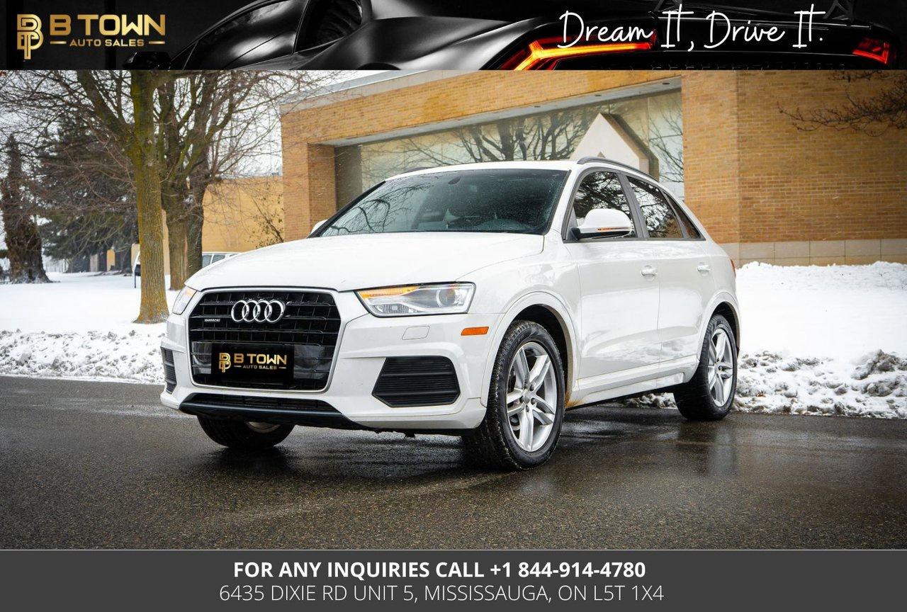 <h2 data-start=222 data-end=296><strong data-start=225 data-end=296>2017 Audi Q3 Premium | Quattro AWD | Panoramic Roof | Brown Leather</strong></h2>
<p data-start=298 data-end=601>Finished in <strong data-start=310 data-end=347>White over Brown Leather Interior</strong>, this <strong data-start=354 data-end=378>2017 Audi Q3 Premium</strong> delivers classic Audi design, confident <strong data-start=419 data-end=446>Quattro all-wheel drive</strong>, and a refined interior in a compact luxury SUV package. A perfect blend of comfort, capability, and European style&mdash;ideal for year-round Canadian driving.

<hr data-start=603 data-end=606 />
<h3 data-start=608 data-end=638><strong data-start=612 data-end=638>Key Features & Options</strong></h3>
<ul data-start=639 data-end=1137>
<li data-start=639 data-end=678>
<p data-start=641 data-end=678>2.0L Turbocharged 4-Cylinder Engine

</li>
<li data-start=679 data-end=713>
<p data-start=681 data-end=713>6-Speed Automatic Transmission

</li>
<li data-start=714 data-end=745>
<p data-start=716 data-end=745><strong data-start=716 data-end=743>Quattro All-Wheel Drive</strong>

</li>
<li data-start=746 data-end=769>
<p data-start=748 data-end=769><strong data-start=748 data-end=767>Premium Package</strong>

</li>
<li data-start=770 data-end=797>
<p data-start=772 data-end=797>Panoramic Glass Sunroof

</li>
<li data-start=798 data-end=832>
<p data-start=800 data-end=832>Brown Leather Seating Surfaces

</li>
<li data-start=833 data-end=865>
<p data-start=835 data-end=865>Power Adjustable Front Seats

</li>
<li data-start=866 data-end=888>
<p data-start=868 data-end=888>Heated Front Seats

</li>
<li data-start=889 data-end=928>
<p data-start=891 data-end=928>Dual-Zone Automatic Climate Control

</li>
<li data-start=929 data-end=961>
<p data-start=931 data-end=961>Audi MMI Infotainment System

</li>
<li data-start=962 data-end=988>
<p data-start=964 data-end=988>Bluetooth Connectivity

</li>
<li data-start=989 data-end=1024>
<p data-start=991 data-end=1024>Steering-Wheel Mounted Controls

</li>
<li data-start=1025 data-end=1077>
<p data-start=1027 data-end=1077>Xenon Headlights with LED Daytime Running Lights

</li>
<li data-start=1078 data-end=1102>
<p data-start=1080 data-end=1102>Rear Parking Sensors

</li>
<li data-start=1103 data-end=1120>
<p data-start=1105 data-end=1120>Keyless Entry

</li>
<li data-start=1121 data-end=1137>
<p data-start=1123 data-end=1137>Alloy Wheels

</li>
</ul>



BUY WITH CONFIDENCE at B TOWN AUTO SALES, we assure you to provide HONEST CUSTOMER SERVICE and your experience is going to be unparalleled.




Financing & Leasing Available. We get you the lowest finance rates, AS LOW AS 6.36% O.A.C. with flexible options tailored to your needs.




$999 financing fee conditions may apply*




Open 7 days a week at 6435 Dixie Rd Unit 5, Mississauga, ON L5T 1X4.




We serve all of Canada with shipping available Nationwide and Overseas - Facetime/Video Call On Demand.




Special financing price:$14488 *

Cash Price:$<span class=vehicle-cash-purchase-selling-price__value data-theme-style=vehicleCashPurchase_sellingPrice_fontColor>15,988</span><span>&nbsp;</span>*




HST and Licensing will be extra.




Best Extended Warranty Program also available for High-End vehicles. All Your Trade-ins are welcome .




We approve everyone - Good-Bad Credit, Newcomers. Our partnership with major premier Canadian lending institutions is based upon trust & conviction to serve the customer in the best

possible way.