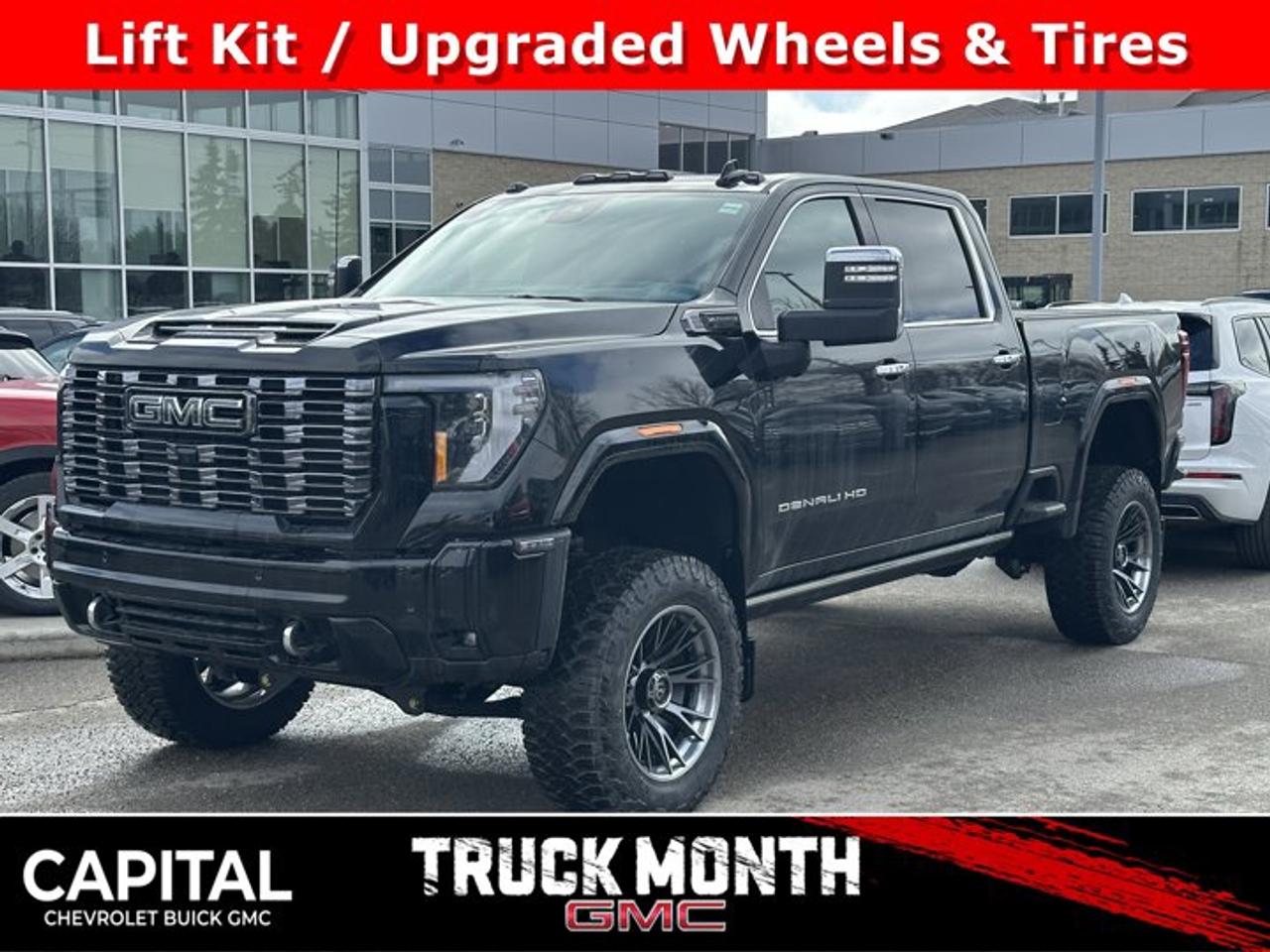 Accessories Include: 5 inch lift kit, upgraded wheels & tires, REV hard folding tonneau cover.This GMC Sierra 3500HD delivers a Turbocharged Diesel V8 6.6L/ engine powering this Automatic transmission. TRANSMISSION, 10-SPEED AUTOMATIC (STD), REAR AXLE, 3.42 RATIO, PREMIUM FLOOR LINERS WITH REMOVABLE CARPET INSERT, FRONT.*This GMC Sierra 3500HD Comes Equipped with These Options *HEAVY DUTY FRONT SPRING/CAMPER PACKAGE Note: If ordered for Camper usage, recommend ordering (UY2) Trailering wiring provisions, GOOSENECK / 5TH WHEEL PREP PACKAGE -- Hitch platform to accept Gooseneck or 5th Wheel hitch. Includes hitch platform with tray to accept ball, stamped bed holes with removable caps installed and bed mounted 7-pin trailer harness (similar to UY2 harness). , LPO, SPORT PEDAL COVER KIT (dealer-installed), LPO, BODY COLOUR WHEEL ARCH MOULDINGS (dealer-installed), HIGH IDLE SWITCH, ENGINE, DURAMAX 6.6L TURBO-DIESEL V8, B20-DIESEL COMPATIBLE (470 hp [350.5 kW] @ 2800 rpm, 975 lb-ft of torque [1322 Nm] @ 1600 rpm) (STD), DENALI ULTIMATE PREFERRED EQUIPMENT GROUP includes standard equipment, ALTERNATORS, DUAL, 220-AMPS PRIMARY, 170-AMPS AUXILIARY, 3 YEARS SIRIUSXM, Wireless phone projection for Apple CarPlay and Android Auto.*Stop By Today *Live a little- stop by Capital Chevrolet Buick GMC Inc. located at 13103 Lake Fraser Drive SE, Calgary, AB T2J 3H5 to make this car yours today!