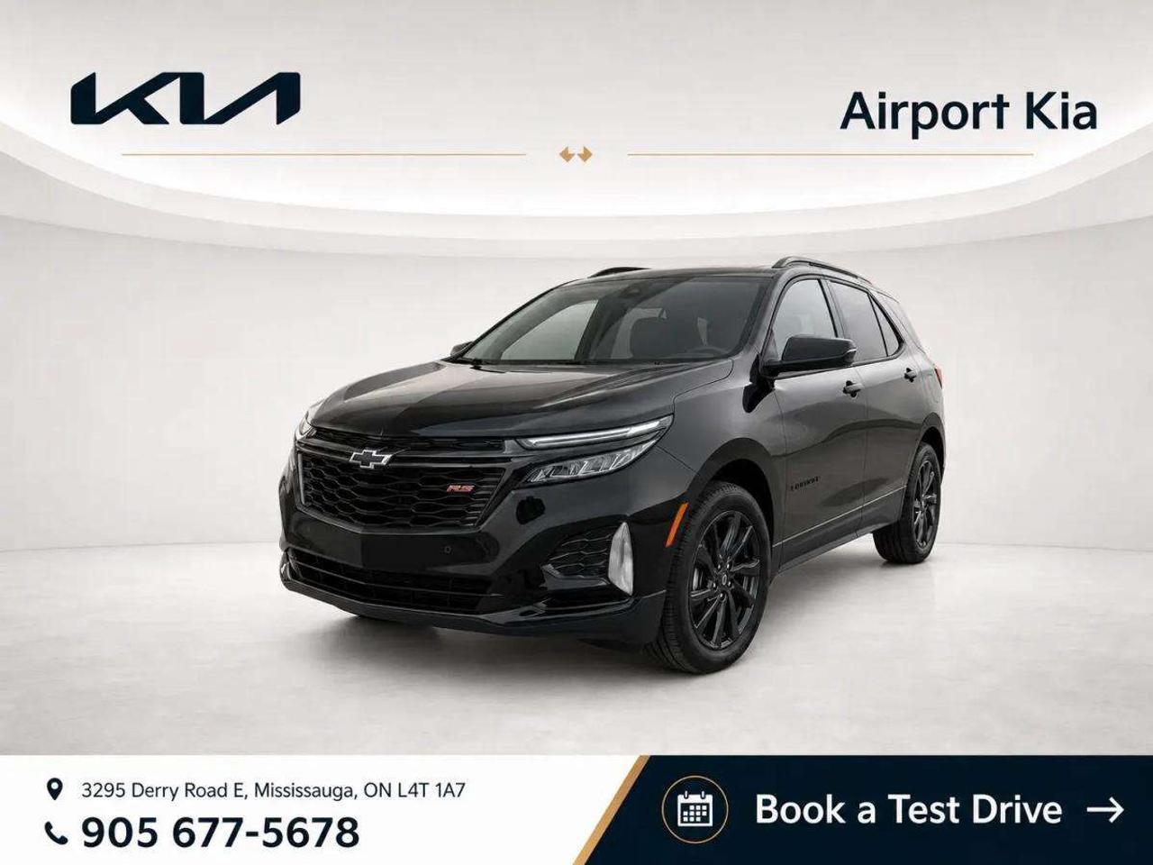 Odometer is 2377 kilometers below market average!<br>Black Metallic 2024 Chevrolet Equinox RS AWD<br>6-Speed Automatic Electronic with Overdrive 1.5L DOHC AWD, Adaptive Cruise Control, Advanced Safety Package, All-Weather Floor Mats, Cargo Mat, HD Surround Vision, Interior Protection Package (LPO), Outside Heated Power Adjustable Mirrors, Power Sunroof, RS Plus Package.<br><br>**ABOVE IS THE SPECIAL FINANCING PRICE, $1500 MORE FOR CASH PURCHASES** PLEASE CALL AHEAD TO CHECK AVAILABILITY** We believe in a haggle-free environment and provide our best price upfront. We compare our vehicles with competing inventory and adjust our prices daily. At Airport Kia, our team is dedicated to providing exceptional customer service and making your car buying and ownership experience as smooth and enjoyable as possible. From our knowledgeable sales associates who are always ready to help you find the perfect vehicle for your needs and budget, to our expert technicians who are committed to keeping your Kia running smoothly and efficiently, our team is here to meet all of your automotive needs and exceed your expectations. Were proud to be a family-owned dealership, and we treat every customer like family too. That means personalized service tailored to your needs, a warm and welcoming atmosphere, and a commitment to honesty, integrity, and transparency in all of our interactions. So when you choose Airport Kia, you can rest assured that youre in good hands with our team. Visit us today at 3295 Derry Road East, Mississauga, Ontario L4T 1A8 or give us a call at 905-677-5678 to experience the Airport Kia difference for yourself.<br><br><br>Airport Kia is proud to serve Toronto, Ottawa, Mississauga, Brampton, Hamilton, London, Markham, Vaughn, Kitchener, Richmond Hill, Burlington, Sudbury, Oshawa, Barrie, St. Catharines, Guelph, Cambridge, Kingston, Thunder Bay, Waterloo, Brantford, Pickering, Niagara Falls, Peterborough, Sault Ste. Marie, Sarnia, North Bay, Belleville, Timmins, Woodstock, St. Thomas, Stratford, Orillia, Owen Sound. Aurora, Milton, Oakville, Parry Sound, Whitby. Our used car may include: Mercedes-Benz, Sprinter, AMG, BMW, MINI, Jaguar, Land Rover, Chrysler, Dodge, Jeep, RAM, FIAT, Ford, Lincoln, Honda, Lexus, Toyota, Mazda, Chevrolet, Buick, GMC, and Corvette, With over 23 brands we look forward to serving all your automotive needs!