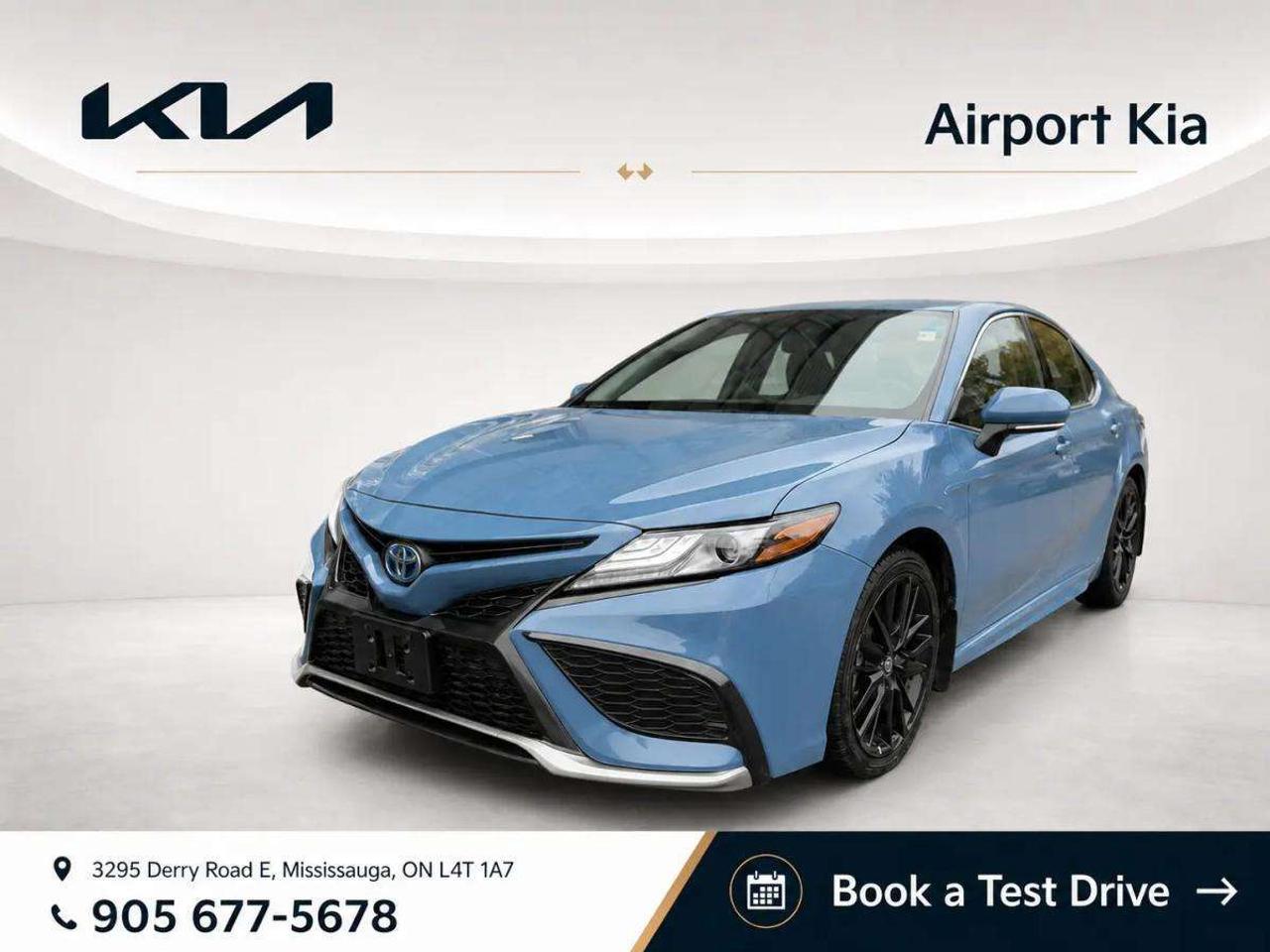 Odometer is 9841 kilometers below market average!<br>Reservoir Blue 2024 Toyota Camry Hybrid XSE FWD<br>eCVT 2.5L I4 DOHC 16V 2.5L I4 DOHC 16V, Auto High-beam Headlights, Brake assist, Delay-off headlights, Electronic Stability Control, Exterior Parking Camera Rear, Fully automatic headlights, Navigation Package, Navigation System, Power Tilt/Slide Moonroof, Radio: Premium Audio.<br><br>**ABOVE IS THE SPECIAL FINANCING PRICE, $1500 MORE FOR CASH PURCHASES** PLEASE CALL AHEAD TO CHECK AVAILABILITY** We believe in a haggle-free environment and provide our best price upfront. We compare our vehicles with competing inventory and adjust our prices daily. At Airport Kia, our team is dedicated to providing exceptional customer service and making your car buying and ownership experience as smooth and enjoyable as possible. From our knowledgeable sales associates who are always ready to help you find the perfect vehicle for your needs and budget, to our expert technicians who are committed to keeping your Kia running smoothly and efficiently, our team is here to meet all of your automotive needs and exceed your expectations. Were proud to be a family-owned dealership, and we treat every customer like family too. That means personalized service tailored to your needs, a warm and welcoming atmosphere, and a commitment to honesty, integrity, and transparency in all of our interactions. So when you choose Airport Kia, you can rest assured that youre in good hands with our team. Visit us today at 3295 Derry Road East, Mississauga, Ontario L4T 1A8 or give us a call at 905-677-5678 to experience the Airport Kia difference for yourself.<br><br><br>Airport Kia is proud to serve Toronto, Ottawa, Mississauga, Brampton, Hamilton, London, Markham, Vaughn, Kitchener, Richmond Hill, Burlington, Sudbury, Oshawa, Barrie, St. Catharines, Guelph, Cambridge, Kingston, Thunder Bay, Waterloo, Brantford, Pickering, Niagara Falls, Peterborough, Sault Ste. Marie, Sarnia, North Bay, Belleville, Timmins, Woodstock, St. Thomas, Stratford, Orillia, Owen Sound. Aurora, Milton, Oakville, Parry Sound, Whitby. Our used car may include: Mercedes-Benz, Sprinter, AMG, BMW, MINI, Jaguar, Land Rover, Chrysler, Dodge, Jeep, RAM, FIAT, Ford, Lincoln, Honda, Lexus, Toyota, Mazda, Chevrolet, Buick, GMC, and Corvette, With over 23 brands we look forward to serving all your automotive needs!