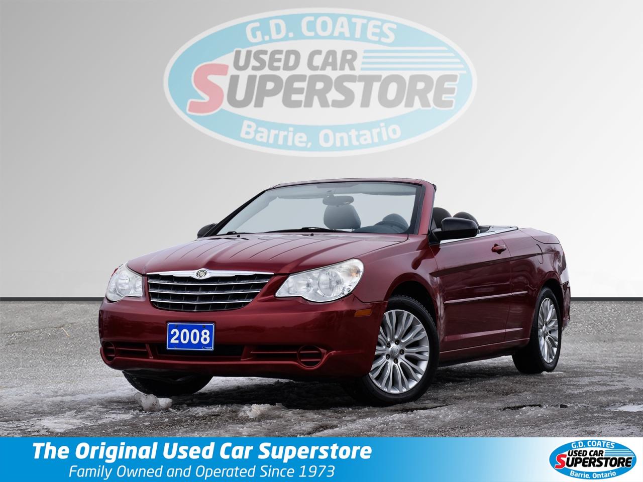 This 2008 Chrysler Sebring LX Convertible is a drop-top cruiser thats smoother than a summer evening drive. With a reliable 2.4L engine and 221,831 km, this certified, deep-cleaned ragtop is ready to let the wind in your hair and the sunshine on your face -no accidents, just pure open-road vibes.  Whats the deal? ~Power convertible top - Drop it in seconds and cruise like its forever 2008.  ~Power seats - Dial in your perfect throne like the captain of cool.  ~Alloy wheels - Rolling shinier than a Friday night under the streetlights.  ~Ice-cold A/C - When the tops up, youll stay cooler than the other side of the pillow.  ~Remote start - Fire it up from the porch and let the cabin chill (or warm) before you hop in.   Mileage: 221,831 km-this Sebrings got plenty of top-down miles left. Price: A deal so sweet, youll think were tossing in free ice cream cones! (Were not, but its that good.)   The Deal: Certified, deep cleaned, and ready to roll -this Chrysler Sebring LX Convertible is the ultimate budget-friendly way to feel the wind without breaking the bank. Disclaimer: Buying this Sebring is like adopting a carefree road buddy -its fun, breezy, and might tempt you to drive with the top down even when its sprinkling. Seller not responsible for spontaneous beach runs, strangers waving at stoplights, or you refusing to park because that convertible life is just too perfect. Drop the top, live loud!  Contact us to snag this awesome convertible!  G. D. Coates - The Original Used Car Superstore!       Our Financing: We have financing for everyone regardless of your history. We have been helping people rebuild their credit since 1973 and can get you approvals other dealers cant. Our credit specialists will work closely with you to get you the approval and vehicle that is right for you. Come see for yourself why were known as The Home of The Credit Rebuilders!       Our Warranty: G. D. Coates Used Car Superstore offers fully insured warranty plans catered to each customers individual needs. Terms are available from 3 months to 7 years and because our customers come from all over, the coverage is valid anywhere in North America.       Parts & Service: We have a large eleven bay service department that services most makes and models. Our service department also includes a cleanup department for complete detailing and free shuttle service. We service what we sell! We sell and install all makes of new and used tires. Summer, winter, performance, all-season, all-terrain and more! Dress up your new car, truck, minivan or SUV before you take delivery! We carry accessories for all makes and models from hundreds of suppliers. Trailer hitches, tonneau covers, step bars, bug guards, vent visors, chrome trim, LED light kits, performance chips, leveling kits, and more! We also carry aftermarket aluminum rims for most makes and models.       Our Story: Family owned and operated since 1973, we have earned a reputation for the best selection, the best reconditioned vehicles, the best financing options and the best customer service! We are a full service dealership with a massive inventory of used cars, trucks, minivans and SUVs. Chrysler, Dodge, Jeep, Ford, Lincoln, Chevrolet, GMC, Buick, Pontiac, Saturn, Cadillac, Honda, Toyota, Kia, Hyundai, Subaru, Suzuki, Volkswagen - Weve Got Em! Come see for yourself why G. D. Coates Used Car Superstore was voted Barries Best Used Car Dealership!