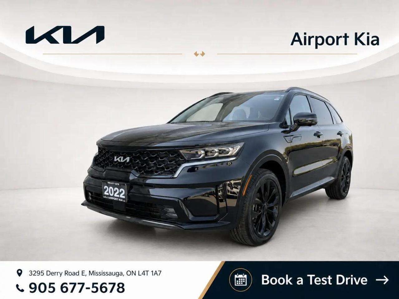 Odometer is 1993 kilometers below market average!<br>Ebony Black 2022 Kia Sorento SX AWD<br>8-Speed DCT 2.5L I4 DGI Turbocharged DOHC 16V LEV3-ULEV70 281hp AWD.<br><br>**ABOVE IS THE SPECIAL FINANCING PRICE, $1500 MORE FOR CASH PURCHASES** PLEASE CALL AHEAD TO CHECK AVAILABILITY** We believe in a haggle-free environment and provide our best price upfront. We compare our vehicles with competing inventory and adjust our prices daily. At Airport Kia, our team is dedicated to providing exceptional customer service and making your car buying and ownership experience as smooth and enjoyable as possible. From our knowledgeable sales associates who are always ready to help you find the perfect vehicle for your needs and budget, to our expert technicians who are committed to keeping your Kia running smoothly and efficiently, our team is here to meet all of your automotive needs and exceed your expectations. Were proud to be a family-owned dealership, and we treat every customer like family too. That means personalized service tailored to your needs, a warm and welcoming atmosphere, and a commitment to honesty, integrity, and transparency in all of our interactions. So when you choose Airport Kia, you can rest assured that youre in good hands with our team. Visit us today at 3295 Derry Road East, Mississauga, Ontario L4T 1A8 or give us a call at 905-677-5678 to experience the Airport Kia difference for yourself.<br><br><br>Airport Kia is proud to serve Toronto, Ottawa, Mississauga, Brampton, Hamilton, London, Markham, Vaughn, Kitchener, Richmond Hill, Burlington, Sudbury, Oshawa, Barrie, St. Catharines, Guelph, Cambridge, Kingston, Thunder Bay, Waterloo, Brantford, Pickering, Niagara Falls, Peterborough, Sault Ste. Marie, Sarnia, North Bay, Belleville, Timmins, Woodstock, St. Thomas, Stratford, Orillia, Owen Sound. Aurora, Milton, Oakville, Parry Sound, Whitby. Our used car may include: Mercedes-Benz, Sprinter, AMG, BMW, MINI, Jaguar, Land Rover, Chrysler, Dodge, Jeep, RAM, FIAT, Ford, Lincoln, Honda, Lexus, Toyota, Mazda, Chevrolet, Buick, GMC, and Corvette, With over 23 brands we look forward to serving all your automotive needs!