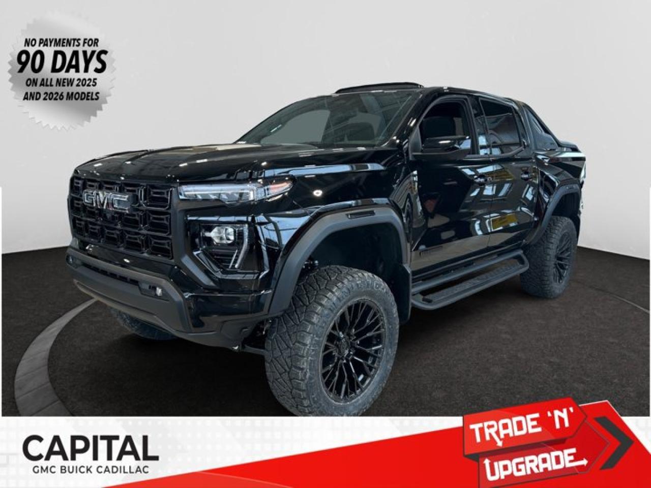 *This 2026 GMC Canyon Elevation Edition Capital Custom Lifted truck in Onyx Black is tricked out with a 4 lift kit, Fuel wheels, Nitto Grappler tires, sport bar, black emblems, black exhaust tip and black side steps!*The GMC Canyon might be midsize, but its fully premium. Designed for easy access, an available easy lift and lower tailgate allows for smooth operation, while an integrated corner-step rear bumper provides efficient access to the truck bed and your cargo. Its the little things that set the Canyon apart, like its LED-signature front lighting, chrome grille surrounds and chrome mirror caps and door handles. The Canyon is takes premium comfort to a new level with features such as available soft-touch instrument panel and available heated driver and front passenger seats. The interior is also engineered to give you and your passengers an exceptional level of quiet, from noise-reducing innovations to triple door seals. This truck offers an engine lineup that delivers power and efficiency. This baby has 308 horsepower and can tow up to 3493 KG (7700 LB.). Intelligent control features, including traction control, trailer sway and hill descent control, available automatic rear locking differential, brake rotors and integrated trailer brake controller and diesel exhaust brake, to help you stay confidently in command no matter what you may be hauling or trailering. The Canyon provides intelligently placed controls and driver-centric features to keep you in touch, in charge and connected on the road, from available built-in Wi-Fi, an infotainment system with navigation and a rear-vision camera, to power outlets, rear seat reminders and access to the myGMC app. Youll also find state-of-the-art safety to help enhance your awareness of the road and surrounding vehicles, such as available forward collision alert, and more.Check out this vehicles pictures, features, options and specs, and let us know if you have any questions. Helping find the perfect vehicle FOR YOU is our only priority.P.S...Sometimes texting is easier. Text (or call) 306-801-9090 for fast answers at your fingertips!Dealer License #914248Disclaimer: All prices are plus taxes & fees. See dealer for Details. Dealer Permit # 914248 See dealer for Details.