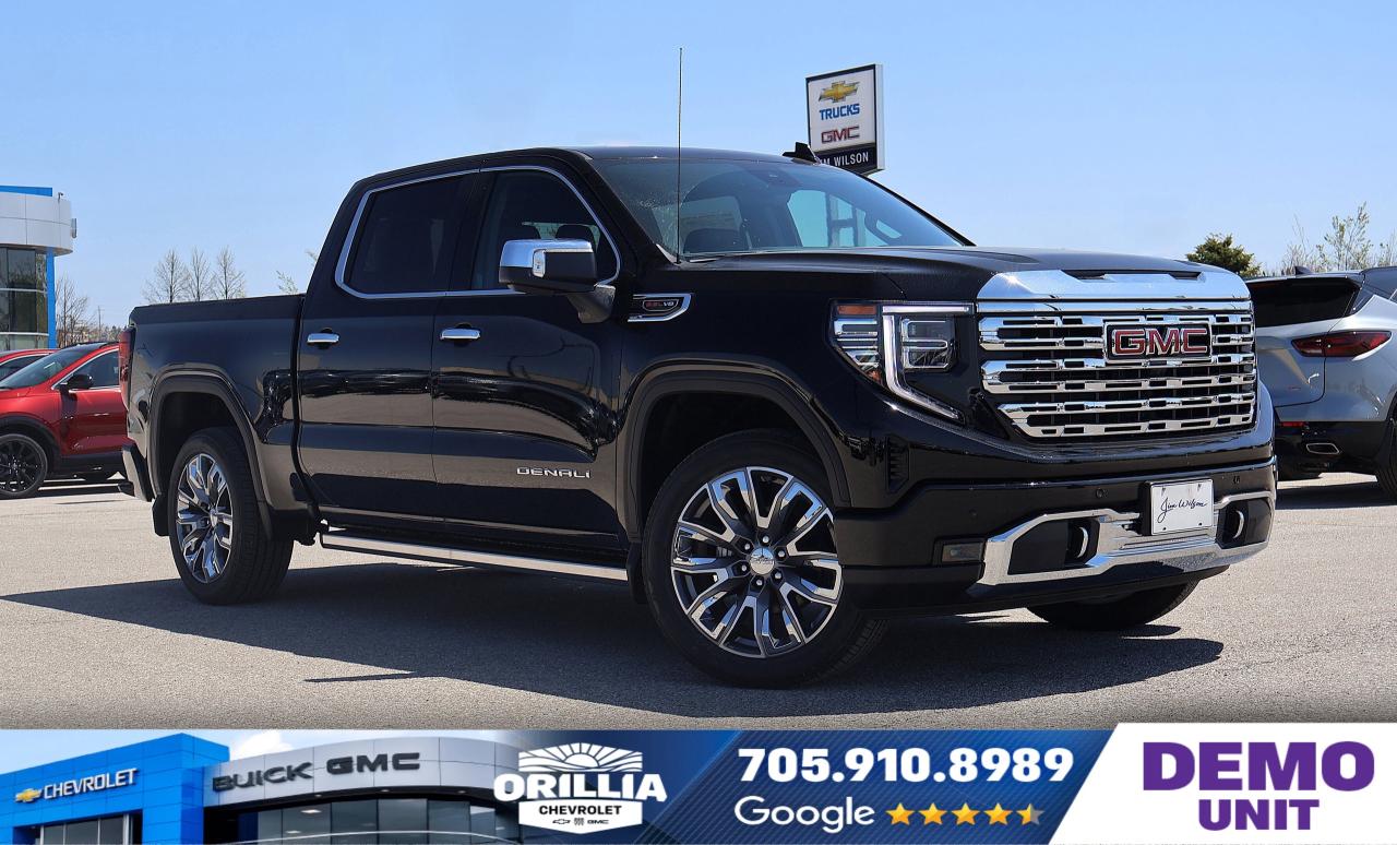 Parking Assist Sensors | Leather-like Interior | Keyless Entry | Built-in Navigation System | Lane Departure Warning

The 2025 GMC Sierra 1500 Denali is a full-size pickup truck designed for performance, luxury, and versatility, tailored to Canadian market preferences. It is powered by a robust 6.2-liter V8 gasoline engine that delivers substantial horsepower and torque for demanding driving conditions, paired with an automatic transmission to provide smooth and responsive gear shifts. The vehicle offers a 4x4 drivetrain configuration, enhancing traction and stability across various terrains and weather conditions, making it suitable for off-road and on-road driving in Canadas diverse climates.

This model features a four-door crew cab design providing ample space for passengers and cargo. The exterior is finished in a sleek black color that complements the Denalis premium styling elements. The Sierra 1500 Denali is equipped with advanced lighting technology, including daytime running lights and fog lamps for improved visibility and safety. Privacy glass and a sliding rear window add to passenger comfort and convenience, while the bed liner protects the pickup bed from wear during loading and hauling.

Inside the cabin, the Sierra 1500 Denali showcases a leather-trimmed interior with bucket seats that offer both comfort and support. The driver benefits from power-adjustable memory seats, which allow personalized seating positions for enhanced ergonomics. The interior climate is managed through dual-zone climate control, ensuring comfort in all seasons, complemented by a heated steering wheel for cold weather convenience. The cabin includes premium audio systems with steering wheel-mounted audio controls that allow easy access without distraction.

The vehicle integrates a comprehensive suite of driver-assistance and safety features. Adaptive cruise control and lane departure warning support safer highway driving by enhancing situational awareness and controlling vehicle speed. Parking sensors and reverse park assist aid in maneuvering tight spaces while the traction and stability control systems boost vehicle handling and reduce the risk of skidding. Additional amenities such as rain sensor wipers, keyless entry, and an auto-dimming rearview mirror add to everyday usability.

The Sierra 1500 Denali also features a tow package capable of handling large trailers or equipment, making it highly functional for work or recreation. Power windows, power locks, tilt steering, and multiple airbags, including driver and passenger front airbags, ensure occupant convenience and safety. The truck offers security system integration and navigation to enhance the driving experience.

Specifications of note for the 2025 GMC Sierra 1500 Denali include:
- Engine: 6.2-liter V8 gasoline engine
- Drivetrain: Four-wheel drive (4x4)
- Transmission: Automatic
- Interior: Leather bucket seats with power adjustment and memory functions
- Safety: Adaptive cruise control, lane departure warning, reverse park assist sensors
Special Code: DEMO221