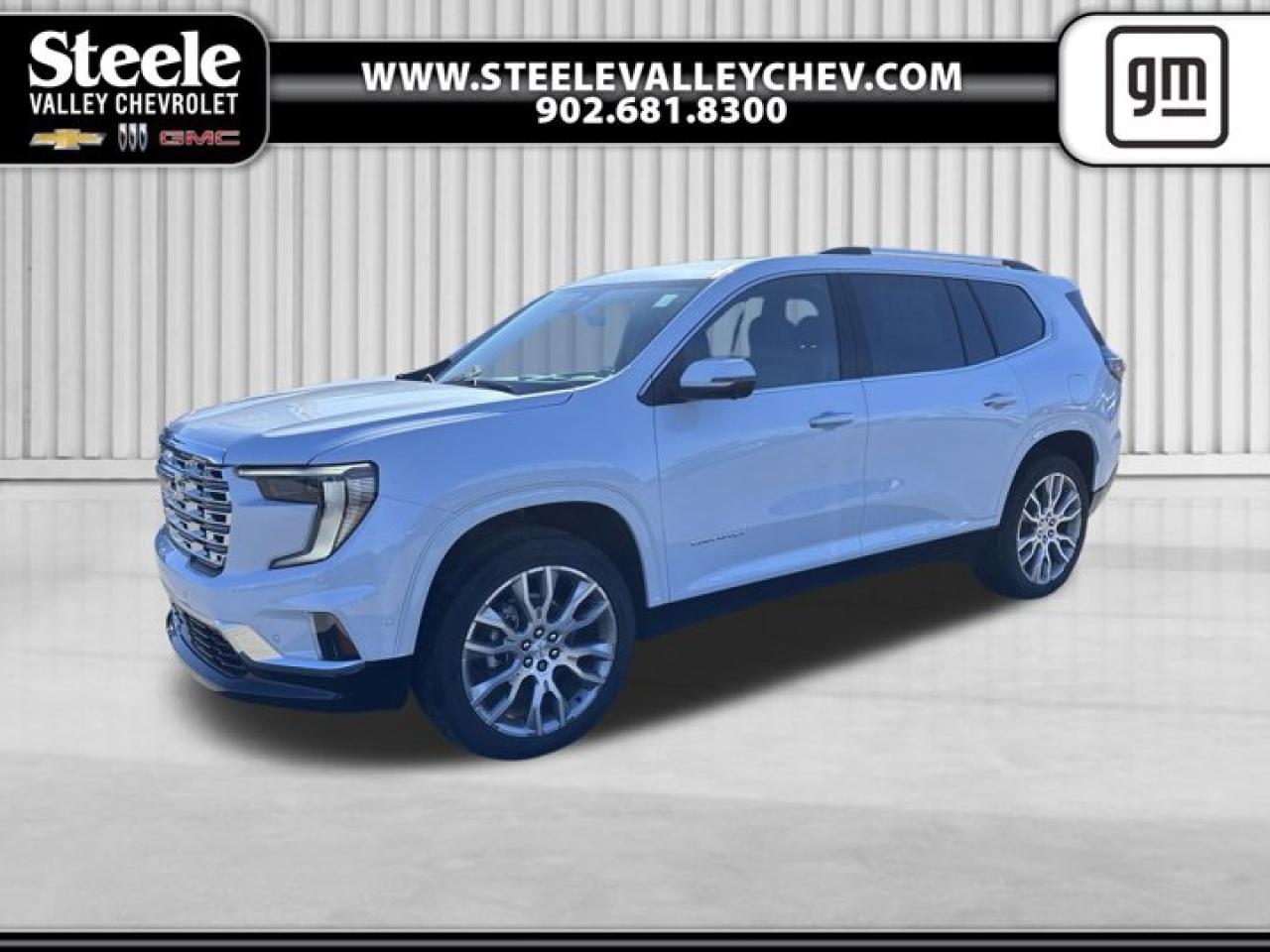 TRANSMISSION, 8-SPEED AUTOMATIC (STD), SUSPENSION, PERFORMANCE, SUPER CRUISE PACKAGE includes (UKL) Super Cruise, (UKZ) Enhanced Automatic Parking Assist and (ULM) Driver Attention Assist, GLACIER WHITE TRICOAT, ENGINE, 2.5L TURBO DOHC SIDI with Variable Valve Timing (VVT) (328 hp [244 kW] @ 5500 rpm, 326 lb-ft of torque [442 N-m] @ 3500 rpm) (STD), DENALI PREFERRED EQUIPMENT GROUP includes standard equipment, Wireless Charging for select devices, Wipers, front intermittent, Rainsense, Wiper, rear intermittent with washer, Windows, power with driver Express-Up and all windows Express-Down. This GMC Acadia has a powerful Gas 2.5L/ engine powering this Automatic transmission.*This GMC Acadia Denali Has Everything You Want *Wi-Fi Hotspot capable (Terms and limitations apply. See onstar.ca or dealer for details.), Wheel, spare, 18 x 4.5 (45.7 cm x 11.4 cm) steel, Vehicle health management provides advanced warning of vehicle issues, USB ports, single charge, USB Ports, rear, dual, charge-only, USB ports, 2 in front (type-A and type-C), 2 in second row (type-A and type-C) and 2 in third row (type-A), Universal Home Remote includes garage door opener, 3-channel programmable, Traffic Sign Recognition, enhanced, sensor indicator, Tire, compact spare, T135/70R18, blackwall, Tire Pressure Monitoring System, auto learn, includes Tire Fill Alert, Teen Driver a configurable feature that lets you activate customizable vehicle settings associated with a key fob, to help encourage safe driving behaviour. It can limit certain available vehicle features, and it prevents certain safety systems from being turned off. It includes the Buckle-to-Drive feature which prevents the driver from shifting from Park for up to 20 seconds if the drivers seat belt is not buckled. An in-vehicle report card gives you information on driving habits and helps you to continue to coach your new driver, Suspension, Ride and Handling MacPherson struts for front and independent 5-link rear, Steering wheel, sport-style, Steering wheel, heated, Steering column, power tilt and telescopic, StabiliTrak, stability control system with Traction Control, SiriusXM with 360L Trial Subscription. SiriusXM with 360L transforms your customers ride with our most extensive and personalized radio experience on the road. (IMPORTANT: The SiriusXM trial subscription is not provided on vehicles that are ordered for Fleet Daily Rental (FDR) use. Certain features and/or content may not be available unless an active data connection is enabled in the vehicle. Content varies by SiriusXM subscription plan. Features and display may vary by vehicle. All SiriusXM services require a subscription, sold separately by SiriusXM after the trial period. Your SiriusXM service will automatically stop at the end of your trial unless you decide to subscribe. If you decide to continue service after your trial, the subscription plan you choose will continue for an indeterminate term and you will be charged according to your chosen payment method at the then current rates unless and until you cancel. Taxes apply. Please see the SiriusXM Customer Agreement at siriusxm.ca/terms for complete terms and how to cancel, which includes calling SiriusXM at 1-888-539-7474. All rates, content, and programming are subject to change. SiriusXM uses personal information in accordance with SiriusXM Privacy Policy, available at siriusxm.ca/privacy. SiriusXM Canada Inc. SiriusXM, the SiriusXM logo, channel names and logos are trademarks of Sirius XM Radio Inc. and are used under license.), Sill plates, front, chrome, Side Bicyclist Alert, Sensor, humidity and windshield temperature.* Visit Us Today *For a must-own GMC Acadia come see us at Steele Valley Chevrolet Buick GMC Cadillac, 9184 Commercial Street, New Minas, NS, NS B4N3V9. Just minutes away!*Disclaimer*Please verify all information with a Steele Valley representative.