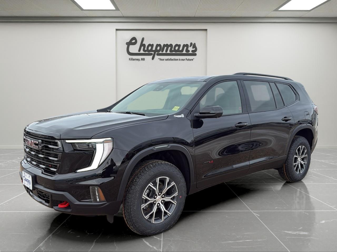 <p>The <strong>2026 GMC Acadia AT4 AWD</strong> blends bold off-road-inspired styling with modern technology and refined comfort, making it an ideal SUV for families who want capability without sacrificing luxury. Finished in striking <strong>Ebony Twilight Metallic</strong> with a durable <strong>Forest Storm CoreTec interior</strong>, this AT4 stands out with its rugged design cues and upscale, easy-to-maintain cabin.</p><p>Power comes from a responsive <strong>2.5L Turbo DOHC engine</strong> paired with an <strong>8-speed automatic transmission</strong>, delivering smooth acceleration, confident highway performance, and the added reassurance of <strong>Active Torque Control AWD</strong>perfect for Manitoba roads year-round.</p><h2><strong>Performance & Capability</strong></h2><ul><li><p><strong>2.5L Turbo DOHC SIDI Engine</strong></p></li><li><p><strong>8-Speed Automatic Transmission</strong></p></li><li><p><strong>AWD with Active Torque Control</strong></p></li><li><p><strong>Performance Suspension with Hill Descent Control</strong></p></li><li><p><strong>Trailering Package with Hitch Guidance & Hitch View</strong></p></li><li><p><strong>220-Amp Alternator</strong></p></li><li><p><strong>Engine Stop/Start with Disable</strong></p></li><li><p><strong>Engine Block Heater</strong> <em>(included option)</em></p></li></ul><h2><strong>AT4 Interior Comfort</strong></h2><p>Designed to keep everyone comfortable on long drives and daily errands:</p><ul><li><p><strong>7-Passenger Seating with Second-Row Bucket Seats</strong></p></li><li><p><strong>Heated Front Seats</strong></p></li><li><p><strong>Heated Steering Wheel</strong></p></li><li><p><strong>8-Way Power Driver Seat & 6-Way Power Front Passenger Seat</strong></p></li><li><p><strong>Tri-Zone Automatic Climate Control</strong></p></li><li><p><strong>CoreTec Seat Surfaces</strong> (durable, water-resistant material)</p></li><li><p><strong>Universal Home Remote</strong></p></li></ul><h3><strong>Luxury Package Adds</strong></h3><ul><li><p><strong>Heated & Ventilated Front Seats</strong></p></li><li><p><strong>Heated Rear Outboard Seats</strong></p></li><li><p><strong>8" Head-Up Display</strong></p></li><li><p><strong>Acoustic Windshield for Reduced Road Noise</strong></p></li></ul><h2><strong>Advanced Technology & Connectivity</strong></h2><p>A tech-forward cabin built to impress:</p><ul><li><p><strong>Massive 15" Diagonal GMC Premium Infotainment System</strong></p></li><li><p><strong>Bose 12-Speaker Premium Audio System</strong></p></li><li><p><strong>Wireless Phone Charging</strong></p></li><li><p><strong>Driver Information Centre</strong></p></li><li><p><strong>Rear Camera Mirror with Washer</strong></p></li><li><p><strong>Autosense Power Liftgate</strong></p></li><li><p><strong>Remote Keyless Entry & Remote Vehicle Start</strong></p></li><li><p><strong>SiriusXM Audio with Trial</strong></p></li><li><p><strong>OnStar Basics (up to 8 years)</strong></p></li></ul><h2><strong>Safety & Driver Assistance</strong></h2><p>One of the most comprehensive safety suites in its class:</p><ul><li><p><strong>Enhanced & Intersection Automatic Emergency Braking</strong></p></li><li><p><strong>Front Pedestrian & Bicyclist Braking</strong></p></li><li><p><strong>Blind Zone Steering Assist</strong></p></li><li><p><strong>Adaptive Cruise Control</strong></p></li><li><p><strong>Rear Cross Traffic Braking</strong></p></li><li><p><strong>Rear Pedestrian Alert</strong></p></li><li><p><strong>Rear Park Assist</strong></p></li><li><p><strong>HD Surround Vision</strong></p></li><li><p><strong>Traffic Sign Recognition</strong></p></li><li><p><strong>Following Distance Indicator</strong></p></li><li><p><strong>Buckle to Drive</strong></p></li></ul><h2><strong>Exterior Highlights</strong></h2><p>Rugged AT4 styling with premium touches:</p><ul><li><p><strong>18" Dark Machined Aluminum Wheels</strong></p></li><li><p><strong>Heated, Power-Adjustable Outside Mirrors</strong></p></li><li><p><strong>Panoramic Power Sunroof with Sunshade</strong> <em>(included option)</em></p></li><li><p><strong>Black Nameplate Kit</strong> <em>(dealer installed)</em></p></li></ul><h3><strong>Why Choose This Acadia AT4</strong></h3><p>With its <strong>turbocharged performance</strong>, <strong>AT4 rugged capability</strong>, <strong>Luxury Package comfort upgrades</strong>, <strong>huge 15" infotainment display</strong>, and <strong>class-leading safety technology</strong>, the <strong>2026 GMC Acadia AT4 AWD</strong> is an outstanding choice for drivers who want adventure-ready style with everyday family practicality.</p><p>2 Year/24,000 kilometer* Complimentary Oil Changes (2 total)</p><p>3 Year/60,000 kilometer* Base Warranty Coverage</p><p>5 Year/100,000 kilometer* Powertrain Component Warranty Coverage</p><p>5 Year/100,000 kilometer* Courtesy Transportation and 24/7 Roadside Assistance</p><p>6 Year/160,000 kilometer* Sheet Metal (Rust Through) Perforation Warranty Coverage</p><p>*Whichever Comes First.</p><p>Price Includes Dealer Fee.</p><p>Price Excludes PST & GST.</p><p>Financing Options Available, Call For More Details.</p> <p><strong>*While every reasonable effort is made to ensure the accuracy of this information, we are not responsible for any error or omissions contained on these pages. Please verify any information in question with Chapman Motors Ltd.</strong></p>