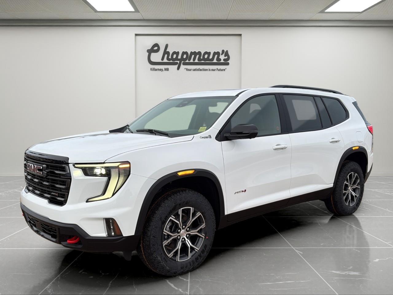 <h2><strong>2026 GMC Acadia AT4 AWD  Rugged AT4 Capability with Luxury Package Comfort</strong></h2><p>The <strong>2026 GMC Acadia AT4 AWD</strong> is built for drivers who want bold styling, confident all-weather performance, and premium comfort in a versatile midsize SUV. Finished in <strong>Summit White</strong> with a durable and upscale <strong>Forest Storm CoreTec interior</strong>, this AT4 blends rugged design with modern refinementperfect for family adventures, road trips, and everyday driving.</p><p>Power comes from a responsive <strong>2.5L Turbo DOHC engine</strong> paired with an <strong>8-speed automatic transmission</strong>, delivering smooth acceleration and strong highway performance. With <strong>Active Torque Control AWD</strong> and AT4-specific tuning, this Acadia is ready for Manitoba roads in every season.</p><h3><strong>Performance & Capability</strong></h3><ul><li><p><strong>2.5L Turbo DOHC SIDI Engine</strong></p></li><li><p><strong>8-Speed Automatic Transmission</strong></p></li><li><p><strong>AWD with Active Torque Control</strong></p></li><li><p><strong>Performance Suspension with Hill Descent Control</strong></p></li><li><p><strong>Trailering Package with Hitch Guidance & Hitch View</strong></p></li><li><p><strong>220-Amp Alternator</strong></p></li><li><p><strong>Engine Stop/Start with Disable</strong></p></li><li><p><strong>Engine Block Heater</strong></p></li></ul><h3><strong>AT4 Interior Comfort</strong></h3><p>Designed to be both tough and comfortable:</p><ul><li><p><strong>7-Passenger Seating with Second-Row Bucket Seats</strong></p></li><li><p><strong>Heated Front Seats</strong></p></li><li><p><strong>Heated Steering Wheel</strong></p></li><li><p><strong>8-Way Power Driver Seat & 6-Way Power Front Passenger Seat</strong></p></li><li><p><strong>Tri-Zone Automatic Climate Control</strong></p></li><li><p><strong>CoreTec Seat Surfaces</strong> (durable, easy-clean material)</p></li><li><p><strong>Universal Home Remote</strong></p></li></ul><h4><strong>Luxury Package Adds</strong></h4><ul><li><p><strong>Heated & Ventilated Front Seats</strong></p></li><li><p><strong>Heated Rear Outboard Seats</strong></p></li><li><p><strong>8" Diagonal Head-Up Display</strong></p></li><li><p><strong>Acoustic Windshield for Reduced Road Noise</strong></p></li></ul><h3><strong>Advanced Technology & Connectivity</strong></h3><p>A modern, tech-forward cabin built to impress:</p><ul><li><p><strong>15" Diagonal GMC Premium Infotainment System</strong></p></li><li><p><strong>Bose 12-Speaker Premium Audio System</strong></p></li><li><p><strong>Wireless Phone Charging</strong></p></li><li><p><strong>Driver Information Centre</strong></p></li><li><p><strong>Rear Camera Mirror with Washer</strong></p></li><li><p><strong>Autosense Power Liftgate</strong></p></li><li><p><strong>Remote Keyless Entry & Remote Vehicle Start</strong></p></li><li><p><strong>SiriusXM Audio with Trial</strong></p></li><li><p><strong>OnStar Basics (up to 8 years)</strong></p></li></ul><h3><strong>Safety & Driver Assistance</strong></h3><p>One of the most comprehensive safety suites in its class:</p><ul><li><p><strong>Enhanced & Intersection Automatic Emergency Braking</strong></p></li><li><p><strong>Front Pedestrian & Bicyclist Braking</strong></p></li><li><p><strong>Blind Zone Steering Assist</strong></p></li><li><p><strong>Adaptive Cruise Control</strong></p></li><li><p><strong>Rear Cross Traffic Braking</strong></p></li><li><p><strong>Rear Pedestrian Alert</strong></p></li><li><p><strong>Rear Park Assist</strong></p></li><li><p><strong>HD Surround Vision</strong></p></li><li><p><strong>Traffic Sign Recognition</strong></p></li><li><p><strong>Following Distance Indicator</strong></p></li><li><p><strong>Buckle to Drive</strong></p></li></ul><h3><strong>Exterior Highlights</strong></h3><p>AT4 styling with functional design:</p><ul><li><p><strong>18" Dark Machined Aluminum Wheels</strong></p></li><li><p><strong>Heated, Power-Adjustable Outside Mirrors</strong></p></li><li><p><strong>Panoramic Power Sunroof with Sunshade</strong></p></li><li><p><strong>Black Nameplate Kit</strong></p></li><li><p><strong>Integrated Cargo Liner & All-Weather Floor Liners</strong></p></li></ul><h3><strong>Why Choose This Acadia AT4</strong></h3><p>With its <strong>AT4 rugged capability</strong>, <strong>Luxury Package comfort</strong>, <strong>large 15" touchscreen</strong>, <strong>advanced safety technology</strong>, and <strong>AWD confidence</strong>, the <strong>2026 GMC Acadia AT4 AWD</strong> is a well-rounded SUV thats ready for adventure while keeping everyone comfortable and connected.</p><p>2 Year/24,000 kilometer* Complimentary Oil Changes (2 total)</p><p>3 Year/60,000 kilometer* Base Warranty Coverage</p><p>5 Year/100,000 kilometer* Powertrain Component Warranty Coverage</p><p>5 Year/100,000 kilometer* Courtesy Transportation and 24/7 Roadside Assistance</p><p>6 Year/160,000 kilometer* Sheet Metal (Rust Through) Perforation Warranty Coverage</p><p>*Whichever Comes First.</p><p>Price Includes Dealer Fee.</p><p>Price Excludes PST & GST.</p><p>Financing Options Available, Call For More Details.</p> <p><strong>*While every reasonable effort is made to ensure the accuracy of this information, we are not responsible for any error or omissions contained on these pages. Please verify any information in question with Chapman Motors Ltd.</strong></p>