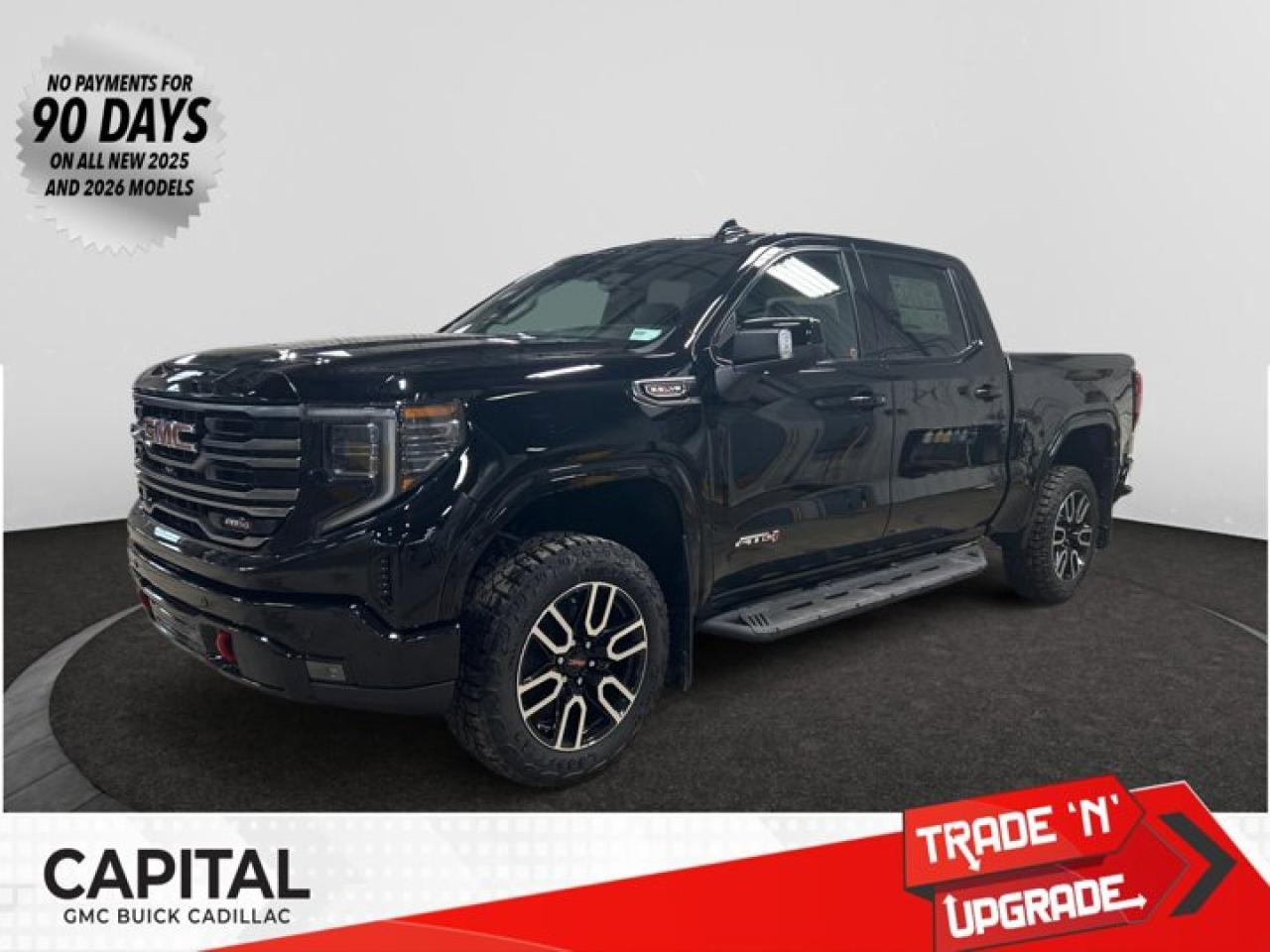 This 2026 GMC Sierra 1500 in Onyx Black is equipped with 4WD and Gas V8 6.2L/376 engine.The Next Generation Sierra redefines what it means to drive a pickup. The redesigned for 2019 Sierra 1500 boasts all-new proportions with a larger cargo box and cabin. It also shaves weight over the 2018 model through the use of a lighter boxed steel frame and extensive use of aluminum in the hood, tailgate, and doors.To help improve the hitching and towing experience, the available ProGrade Trailering System combines intelligent technologies to offer an in-vehicle Trailering App, a companion to trailering features in the myGMC app and multiple high-definition camera views.GMC has altered the pickup landscape with groundbreaking innovation that includes features such as available Rear Camera Mirror and available Multicolour Heads-Up Display that puts key vehicle information low on the windshield. Innovative safety features such as HD Surround Vision and Lane Change Alert with Side Blind Zone alert will also help you feel confident and in control in the Next Generation Seirra.Key features of the Sierra AT4 include: 2-inch factory -installed suspension lift, Off-Road suspension with monotube shock absorbers, Distinct exterior design with black chrome accents, Exclusive athletic premium interior, Available mud terrain-rated Goodyear Wrangler DuraTrac tires, GMC MultiPro Tailgate, Available Head-Up Display with Off-Road Inclinometer, Available High Definition Surround Vision and standard TractionSelect System with available Off-Road mode, and Available 420 hp 6.2L V8 with all-new 10-speed automatic transmission.Check out this vehicles pictures, features, options and specs, and let us know if you have any questions. Helping find the perfect vehicle FOR YOU is our only priority.P.S...Sometimes texting is easier. Text (or call) 306-801-9090 for fast answers at your fingertips!Dealer License #914248Disclaimer: All prices are plus taxes & fees. See dealer for Details. Dealer Permit # 914248 See dealer for Details.