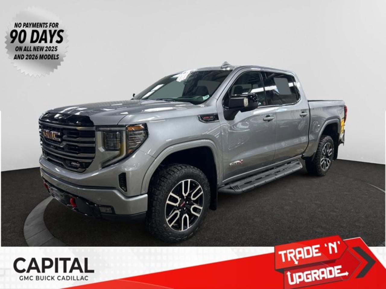 This 2026 GMC Sierra 1500 in Sterling Metallic is equipped with 4WD and Gas V8 6.2L/376 engine.The Next Generation Sierra redefines what it means to drive a pickup. The redesigned for 2019 Sierra 1500 boasts all-new proportions with a larger cargo box and cabin. It also shaves weight over the 2018 model through the use of a lighter boxed steel frame and extensive use of aluminum in the hood, tailgate, and doors.To help improve the hitching and towing experience, the available ProGrade Trailering System combines intelligent technologies to offer an in-vehicle Trailering App, a companion to trailering features in the myGMC app and multiple high-definition camera views.GMC has altered the pickup landscape with groundbreaking innovation that includes features such as available Rear Camera Mirror and available Multicolour Heads-Up Display that puts key vehicle information low on the windshield. Innovative safety features such as HD Surround Vision and Lane Change Alert with Side Blind Zone alert will also help you feel confident and in control in the Next Generation Seirra.Key features of the Sierra AT4 include: 2-inch factory -installed suspension lift, Off-Road suspension with monotube shock absorbers, Distinct exterior design with black chrome accents, Exclusive athletic premium interior, Available mud terrain-rated Goodyear Wrangler DuraTrac tires, GMC MultiPro Tailgate, Available Head-Up Display with Off-Road Inclinometer, Available High Definition Surround Vision and standard TractionSelect System with available Off-Road mode, and Available 420 hp 6.2L V8 with all-new 10-speed automatic transmission.Check out this vehicles pictures, features, options and specs, and let us know if you have any questions. Helping find the perfect vehicle FOR YOU is our only priority.P.S...Sometimes texting is easier. Text (or call) 306-801-9090 for fast answers at your fingertips!Dealer License #914248Disclaimer: All prices are plus taxes & fees. See dealer for Details. Dealer Permit # 914248 See dealer for Details.