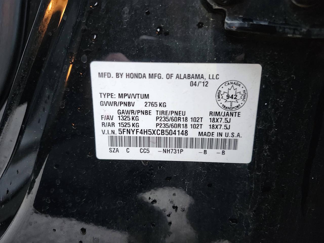 2012 Honda Pilot 4WD 4dr EX-L Photo