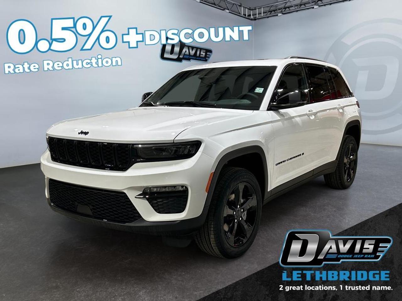 <b>Navigation, Power Liftgate, Heated and Cooled Front Seats, Heated Wheel, Second Row Heated Seats!<br /> <br /></b><br /> <br /> <br />Drive in style with the 2025 Jeep Grand Cherokee Limited 4x4 in Bright White. Its Global Black interior with Capri leatherette seats delivers comfort and sophistication, while the 3.6L Pentastar V6 engine with ESS and 8-speed automatic transmission provide smooth, capable performance.<br /><br />This Limited model features Customer Preferred Package 23E, Black Appearance Package, 20-inch Gloss Black wheels, and a CommandView dual-pane sunroof. Enjoy modern technology with Uconnect 5 NAV with 10.1-inch display, SiriusXM 360L, wireless charging, and 10.25-inch digital gauge cluster. Comfort is enhanced with front heated seats, second-row heated seats, and heated steering wheel.<br /><br />Safety and capability are prioritized with Selec-Terrain Traction Management, Adaptive Cruise Control with Stop and Go, Blind-Spot Monitoring with Rear Cross-Path Detection, Park-Sense Front/Rear Park Assist with Stop, and Full-Speed Forward Collision Warning Plus. Combining luxury, advanced technology, and Jeeps legendary 4x4 performance, this Grand Cherokee Limited is ready for any journey.<br /> <br />To apply right now for financing use this link: <a href=https://lethbridge.davisdodge.ca/free-credit-check/ target=_blank rel=nofollow noopener noreferrer>https://lethbridge.davisdodge.ca/free-credit-check/</a><br /><br /> <br /><br />As a premier Chrysler, Dodge, Jeep and RAM dealership, Davis Dodge proudly offers an extensive selection of new and used vehicles to meet every drivers needs. Customers across Lethbridge, Fort Macleod, Taber, Claresholm, Coaldale, and beyond trust us for daily vehicle specials, certified service and parts, and a seamless online inventory experience. <br /><br /> With competitive financing options and expert support, we make car buying easy and enjoyable. <br /><br /> Ready to hit the road? Schedule your test drive today at Davis Dodge, your trusted Chrysler, Dodge, Jeep and RAM dealer in Lethbridge, Alberta.<br /><br /> Vehicle pricing offer shown expires 2026-03-31. <br /> Come by and check out our fleet of 60+ used cars and trucks and 120+ new cars and trucks for sale in Lethbridge. o~o