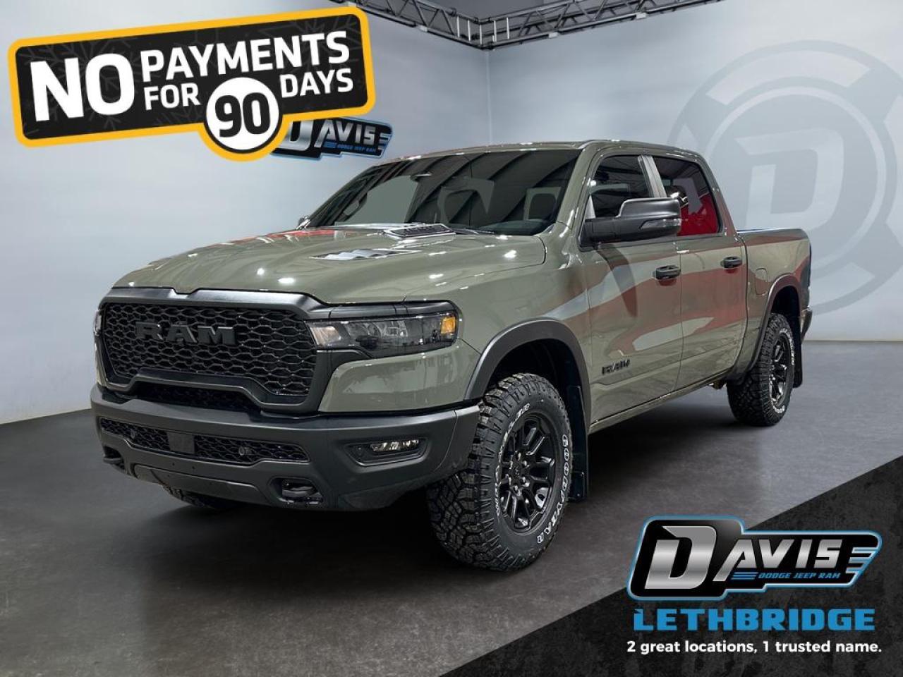 <b>Off-Road Suspension, Navigation, Apple CarPlay and Android Auto, Blind Spot Monitoring!<br /> <br /></b><br /> <br /> <br />The 2026 Ram 1500 Rebel in Canyon Lake combines aggressive off-road capability with refined comfort. Powered by a 3.0L I6 Hurricane Twin-Turbo engine and an 8-speed automatic transmission, this 4x4 crew cab features raised ride height, E-locker rear axle, off-road wheel flares, sport performance hood, dual exhaust with black tips, and black grille and bumpers for a bold, rugged look.<br /><br />Inside, it offers heated cloth/vinyl bucket seats, full-length upgraded floor console, 12 Uconnect 5 NAV touchscreen, Apple CarPlay, Android Auto, and GPS navigation. The cabin also includes power 8-way driver seat, rear 60/40 folding seats, premium storage compartments, and dual-zone climate control for comfort and convenience.<br /><br />Safety is enhanced with Adaptive Cruise Control with Stop & Go, Blind Spot and Cross Path Detection, ParkView rear camera, Pedestrian Emergency Braking, and Active Lane Management. Additional features include remote start, 18 painted black wheels, Mopar rubber floor mats, capless fuel fill, and towing-ready class IV receiver hitch.<br /> <br />To apply right now for financing use this link: <a href=https://www.bridgecitychrysler.com/pre-approval/ target=_blank rel=nofollow noopener noreferrer>https://www.bridgecitychrysler.com/pre-approval/</a><br /><br /> <br /><br />As a premier Chrysler, Dodge, Jeep and RAM dealership, Bridge City Chrysler proudly offers an extensive selection of new and used vehicles to meet every drivers needs. Customers across Lethbridge, Fort Macleod, Taber, Claresholm, Coaldale, and beyond trust us for daily vehicle specials, certified service and parts, and a seamless online inventory experience. <br /><br /> With competitive financing options and expert support, we make car buying easy and enjoyable. <br /><br /> Ready to hit the road? Schedule your test drive today at Bridge City Chrysler, your trusted Chrysler, Dodge, Jeep and RAM dealer in Lethbridge, Alberta.<br /><br /> Vehicle pricing offer shown expires 2026-01-31. <br /> Come by and check out our fleet of 80+ used cars and trucks and 120+ new cars and trucks for sale in Lethbridge. o~o