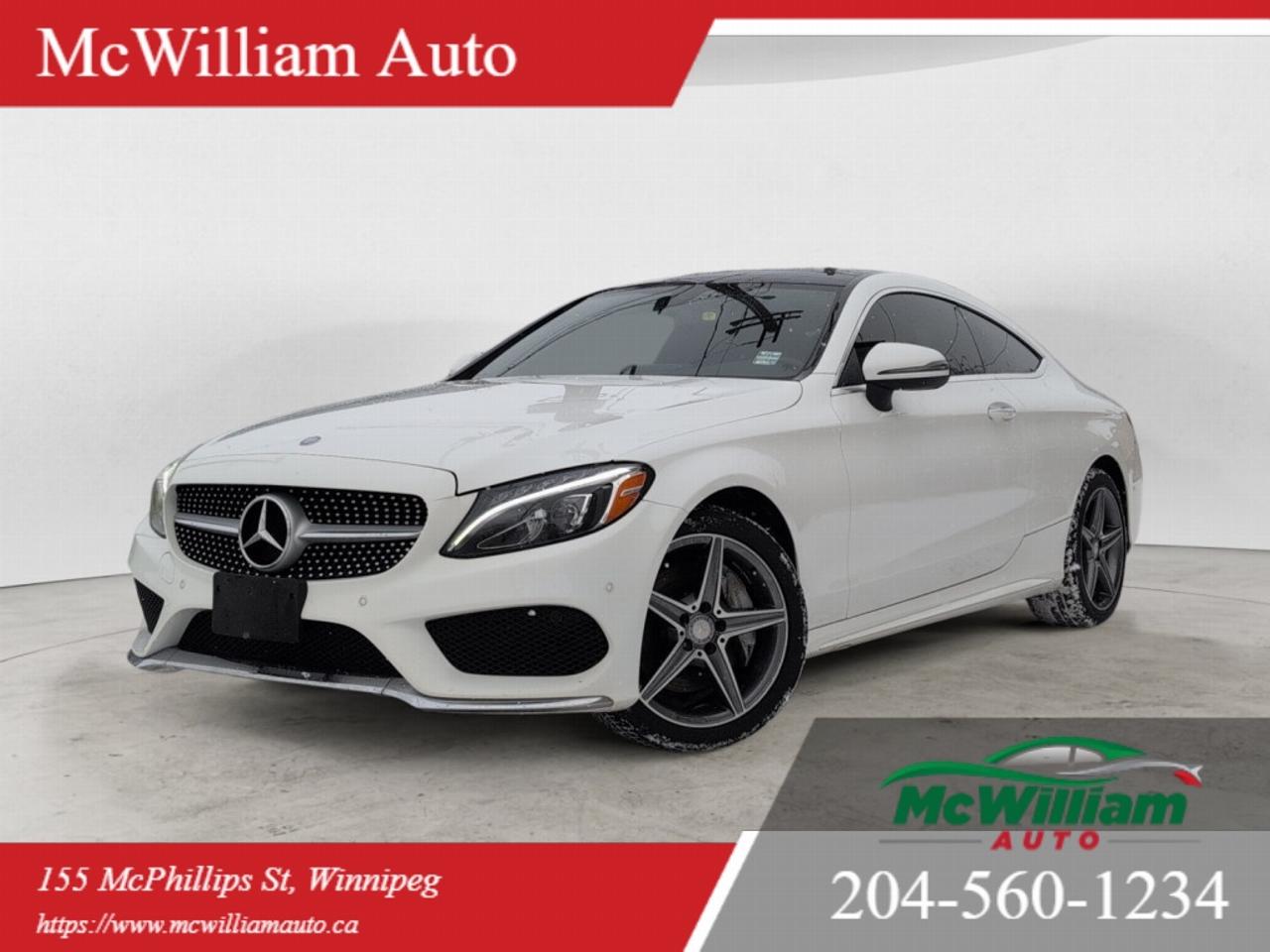 <br>2017 Mercedes-Benz C300 COUPE 4MATIC ZERO ACCIDENTS <br><br>2.0L Inline 4-Cylinder, 4MATIC AWD system, BURMESTER SOUND SYSTEM, BACK UP CAMERA, PANORAMIC ROOF, AMG WHEELS, SORT BUCKET SEATS, KEYLESS ENTRY, BLUETOOTH AUDIO, NAVIGATION, AUTO STOP START, DYNAMIC SELECT AND MUCH MORE!<br><br>DEALER PERMIT #4611<br><br>Call today: 204-560-1234<br><br>Visit us TODAY at 155 McPhillips St, Winnipeg, MB <br><br>Website: www.mcwiliamauto.ca<br><br>Email: winnipegcar@gmail.com<br><br>Click here to get pre approved:<br><br>https://www.mcwilliamauto.ca/car-loan-application/actual vehicle for the actual information. <br><br> <br><br> IMPORTANT DISCLAIMER : This vehicle is a used vehicle, all the features and information may not be accurate from the descriptions above, please check the