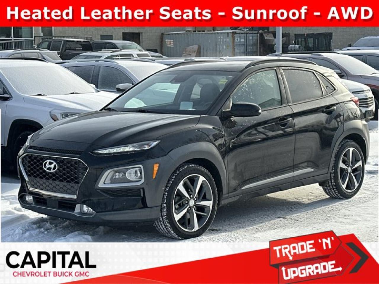 Ask for the Internet Department for more information or book your test drive today! Call 403-256-4960 for fast answers at your fingertips! Disclaimer: All prices are plus taxes. See dealer for details. AMVIC Licensed Dealer # B2020028.2019 Kona 7-Speed Automatic AWD Kona 1.6T Ultimate, AWD, Black Leather, 18 x 7.5J Aluminum Wheels, AppLink/Apple CarPlay and Android Auto, Exterior Parking Camera Rear, Heated front seats, Power moonroof.
