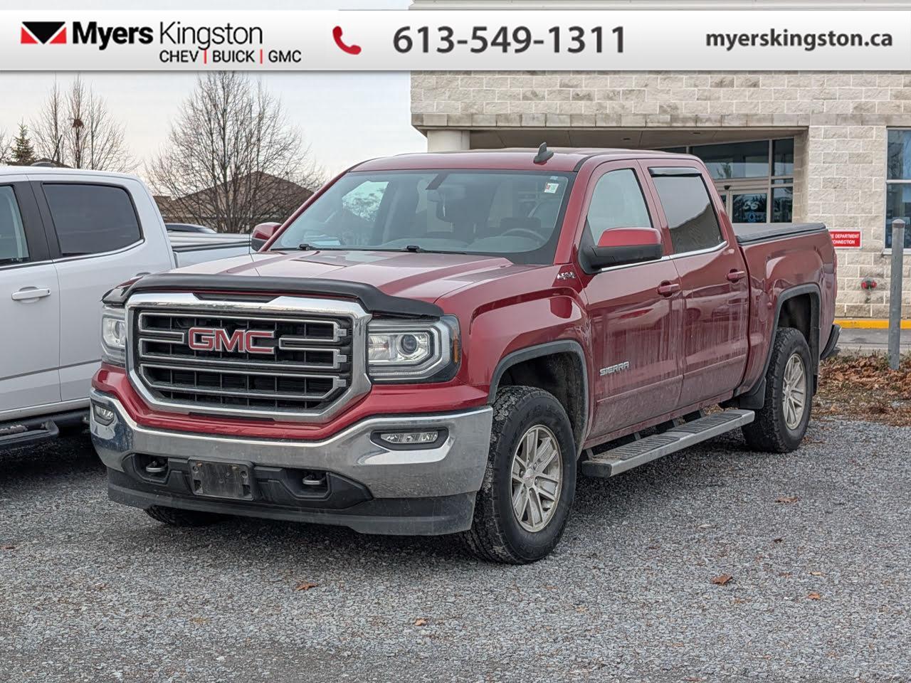 Rear View Camera,  Bluetooth,  Remote Keyless Entry,  Power Windows,  Touch Screen!  This GMC Sierras cabin is engineered to provide you and your passengers with the quietest, most comfortable experience possible. This 2018 GMC Sierra 1500 is for sale today in Kingston.  This 2018 GMC Sierras expertly crafted body and premium materials form a striking appearance inside and out. Thanks to its stunning GMC Signature LED lighting that further enhance its bold and advanced design, this Sierra offers a Professional Grade truck thats built for anything you put in front of it. One look inside this handsome truck and youll find premium materials such as a soft-touch instrument panel, superior comfort in its seats, and advanced safety features making the Sierra, an all around complete package. This Crew Cab 4X4 pickup has 117,455 km. Its Red Quartz* in colour. It has an Automatic transmission and is powered by a 355HP 5.3L 8 Cylinder Engine. It may have some remaining factory warranty, please check with dealer for details.   Our Sierra 1500s trim level is SLE. Moving a step above the base Sierra, this GMC 1500 SLE is well worth the extra money and includes many useful features. These extras include aluminum wheels, an EZ lift and lower tailgate, 8 inch colour touchscreen with bluetooth audio streaming and a rear vision camera, an upgraded stereo, remote keyless entry and power windows. This vehicle has been upgraded with the following features: Rear View Camera, Bluetooth, Remote Keyless Entry, Power Windows, Touch Screen, Cruise Control. To apply right now for financing use this link: https://www.taylorautomall.com/finance/apply-for-financing/  Buy this vehicle now for the lowest bi-weekly payment of $222.34 with $0 down for 84 months @ 8.99% APR O.A.C. ( Plus applicable taxes -  Plus applicable fees   ).  See dealer for details.  For more information, please call any of our knowledgeable used vehicle staff at (613) 549-1311! Come by and check out our fleet of 40+ used cars and trucks and 180+ new cars and trucks for sale in Kingston.  o~o