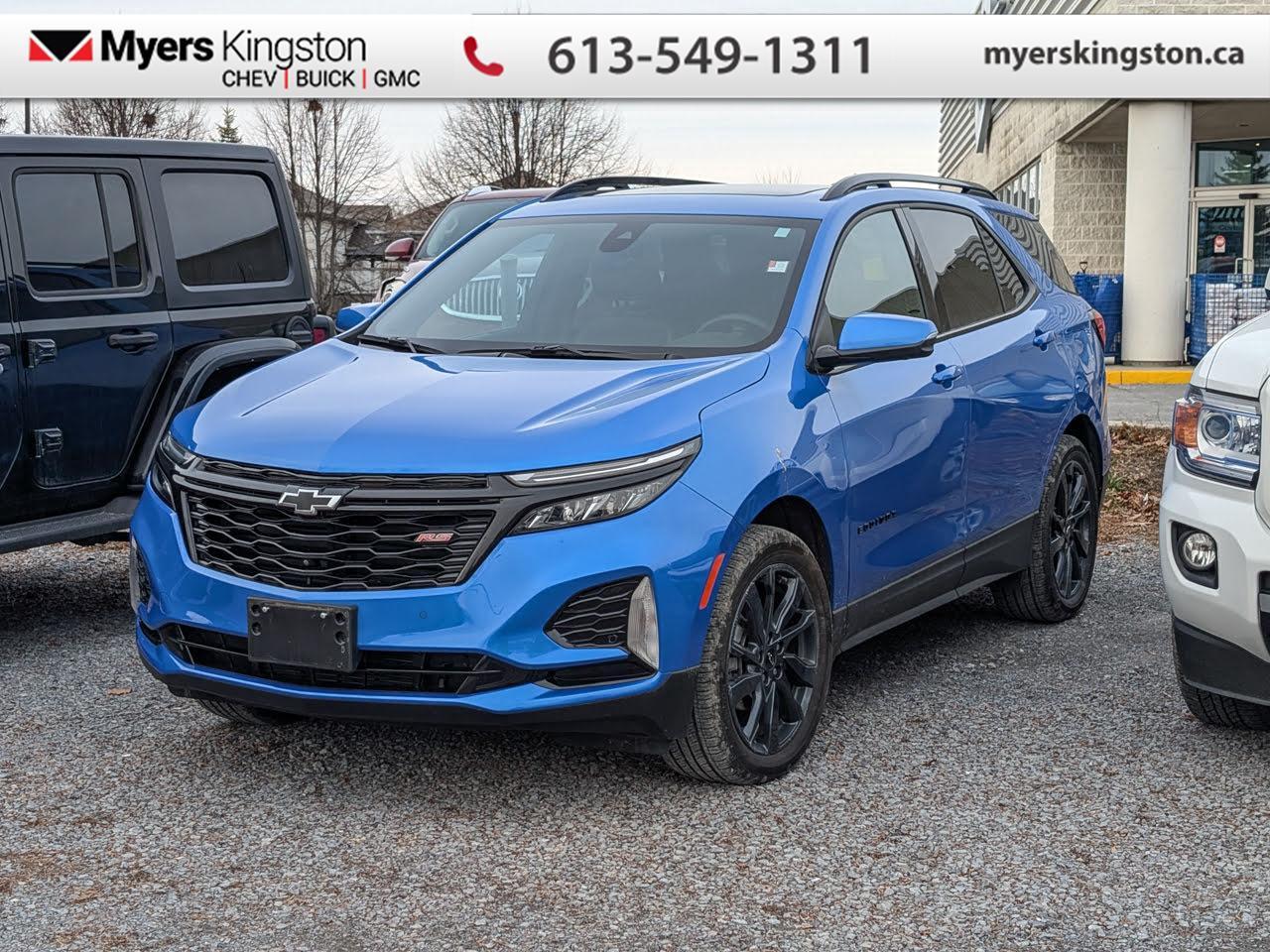 Low Mileage, Power Liftgate,  Blind Spot Detection,  Climate Control,  Heated Seats,  Apple CarPlay!  With plenty of cargo and passenger space, plus all the cool features you expect of a modern family vehicle, this 2024 Chevrolet Equinox is an easy choice for your adventure vehicle. This 2024 Chevrolet Equinox is for sale today in Kingston.  This extremely competent Chevy Equinox is a rewarding SUV that doubles down on versatility, practicality and all-round reliability. The dazzling exterior styling is sure to turn heads, while the well-equipped interior is put together with great quality, for a relaxing ride every time. This 2024 Equinox is sure to be loved by the whole family. This low mileage SUV has just 18,653 km. Its Riptide Metallic in colour and is completely accident free based on the CARFAX Report. It has an Automatic transmission and is powered by a 175HP 1.5L 4 Cylinder Engine.   Our Equinoxs trim level is RS. The RS trim of the Equinox adds in blacked out exterior styling elements, with a power liftgate for rear cargo access, blind spot detection and dual-zone climate control, and is decked with great standard features such as front heated seats with lumbar support, remote engine start, air conditioning, remote keyless entry, and a 7-inch infotainment touchscreen with Apple CarPlay and Android Auto, along with active noise cancellation. Safety on the road is assured with automatic emergency braking, forward collision alert, lane keep assist with lane departure warning, front and rear park assist, and front pedestrian braking. This vehicle has been upgraded with the following features: Power Liftgate, Blind Spot Detection, Climate Control, Heated Seats, Apple CarPlay, Android Auto, Remote Start. To apply right now for financing use this link: https://www.taylorautomall.com/finance/apply-for-financing/  Buy this vehicle now for the lowest bi-weekly payment of $236.24 with $0 down for 96 months @ 8.99% APR O.A.C. ( Plus applicable taxes -  Plus applicable fees   ).  See dealer for details.  For more information, please call any of our knowledgeable used vehicle staff at (613) 549-1311! Come by and check out our fleet of 40+ used cars and trucks and 180+ new cars and trucks for sale in Kingston.  o~o