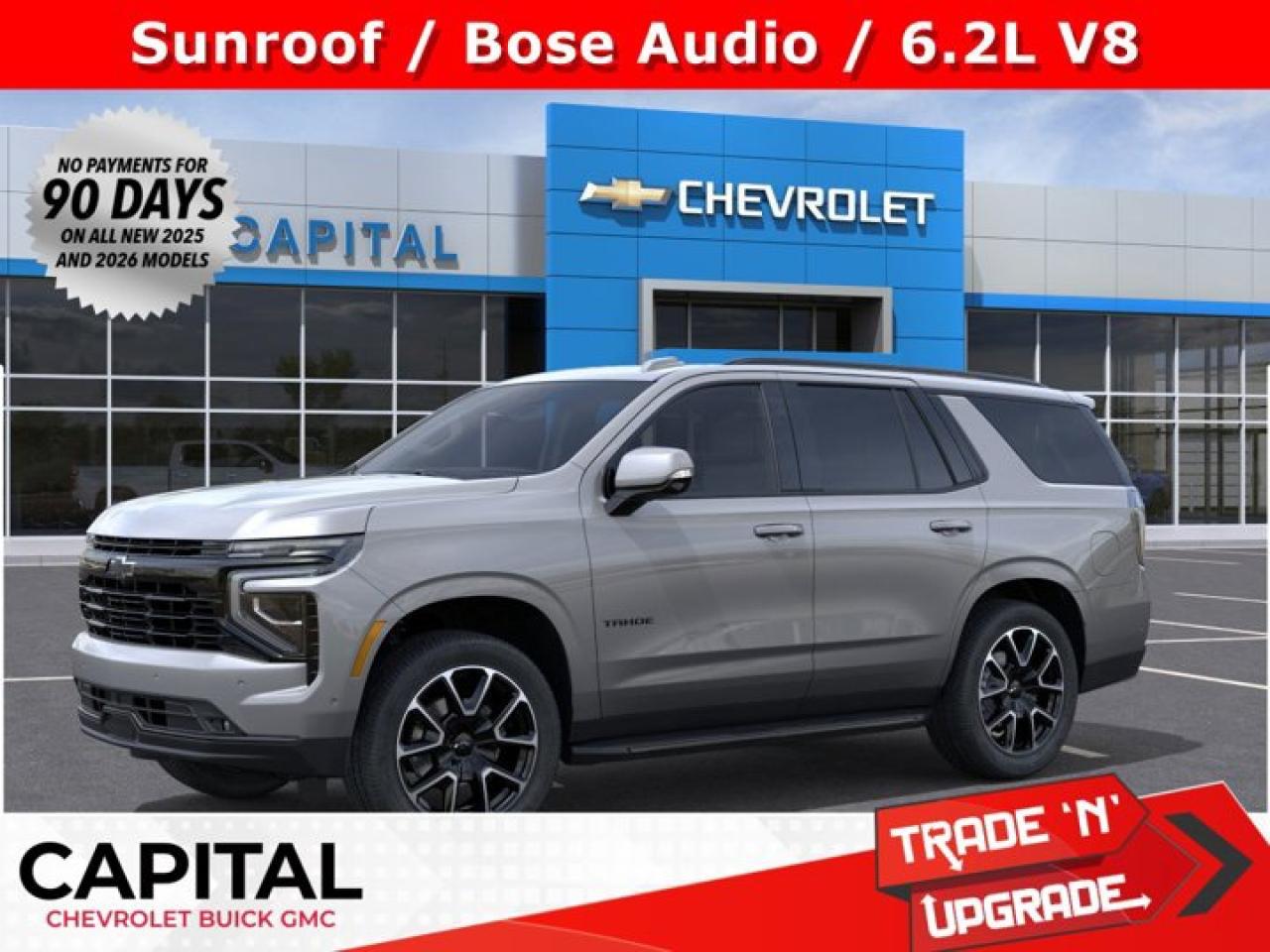 This Chevrolet Tahoe delivers a Gas V8 6.2L/ engine powering this Automatic transmission. TRANSMISSION, 10-SPEED AUTOMATIC electronically controlled with overdrive, includes Traction Select System including tow/haul (STD), SUNROOF, POWER PANORAMIC, DUAL-PANE, TILT-SLIDING with express-open and close and power sunshade, STERLING GREY METALLIC.* This Chevrolet Tahoe Features the Following Options *RST CAPABILITY PACKAGE includes (Z95) Magnetic Ride Control, (F47) Air Ride Adaptive Suspension and (DCH) power-sliding centre console, MAX TRAILERING PACKAGE includes (ZL6) Advanced Trailering Package, (JL1) trailer brake controller and (V03) extra capacity cooling system Also includes (NQH) 2-speed active transfer case and (JHD) Hill Descent Control on 4WD models., LPO, ALL-WEATHER LINER PROTECTION PACKAGE includes (RIA) 1st and 2nd row all-weather floor liners, LPO, (RIB) 3rd row all-weather floor liner, LPO and (CAV) all-weather cargo mat, LPO (dealer-installed), COMFORT PACKAGE includes (A45) memory settings, (UQS) Bose 10-speaker Surround with CenterPoint, (DXR) outside heated power-adjustable, power-folding, body-colour mirrors with driver-side auto-dimming and integrated turn signal indicators, (KI3) heated steering wheel, (KA6) second row outboard heated seats, (ATT) second row power 60/40 split-folding bench seats, (AS8) third row power 60/40 split-folding bench seats, (TGE) LED animated headlamps and (TAU) LED animated tail lamps , SEATS, SECOND ROW BUCKET, POWER RELEASE, RST PREFERRED EQUIPMENT GROUP includes standard equipment, LPO, ALL-WEATHER FLOOR LINERS, 3RD ROW (dealer-installed), LPO, ALL-WEATHER FLOOR LINERS, 1ST AND 2ND ROWS (dealer-installed), LPO, ALL-WEATHER CARGO MAT (dealer-installed), ENGINE, 6.2L ECOTEC3 V8 with Dynamic Fuel Management, Direct Injection and Variable Valve Timing, includes aluminum block construction (420 hp [313 kW] @ 5600 rpm, 460 lb-ft of torque [624 Nm] @ 4100 rpm).* Visit Us Today *Treat yourself- stop by Capital Chevrolet Buick GMC Inc. located at 13103 Lake Fraser Drive SE, Calgary, AB T2J 3H5 to make this car yours today!