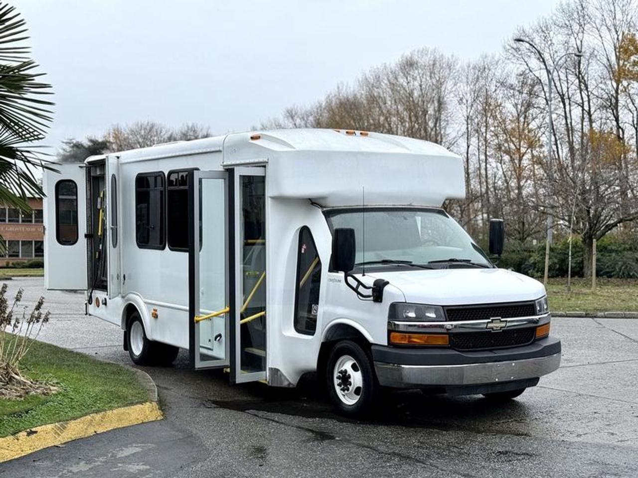 This 2015 Chevrolet Express 4500 11-passenger bus is equipped with a 6.0L 8-cylinder engine, automatic transmission and rear-wheel drive, and features a white exterior with a blue cloth interior. It includes seating for 11 including the driver, a Ricon wheelchair lift with an 800 lb (364 kg) capacity, front and rear air conditioning and heat, 12V input, cruise control and an emergency exit. The bus measures approximately 24 feet 11 inches long, 8 feet 2 inches wide and 9 feet 8 inches high, with a GVWR of 6,441 kg (14,200 lb). This item is currently OFFSITE. You must register an appointment with our office to schedule an offsite viewing. Appointments must be made a minimum of one business day in advance (and as defined by the days that Repo.com is open for business) before your appointment can be scheduled and confirmed. We may, at our own discretion, instead opt to transport smaller items to Repo.coms main yard for viewing purposes.  $33,830.00 plus $375 processing fee, $34,205.00 total payment obligation before taxes.   Listing report, contract commitment cancellation fee, financing available on approved credit (some limitations and exceptions may apply). All above specifications and information is considered to be accurate but is not guaranteed and no opinion or advice is given as to whether this item should be purchased. We do not allow test drives due to theft, fraud, acts of vandalism and undetectable impaired driving. Instead we provide the following benefits: Complimentary Warranty (with options to extend), Limited Money Back Satisfaction Guarantee on Fully Completed Contracts, Contract Commitment Cancellation, and an Open-Ended Sell-Back Option. Ask seller for details or call 604-522-REPO(7376) to confirm listing availability.