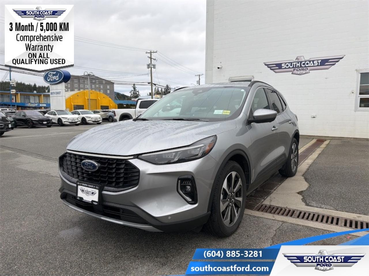 <b>Low Mileage, Hybrid, Class II Trailer Tow Package!</b><br> <br> <p style=color:Blue;><b>Upgrade your ride at South Coast Ford with peace of mind! Our used vehicles come with a minimum of 5,000 km and 3 months of Comprehensive Vehicle Warranty. Drive with confidence knowing your investment is protected.</b></p><br> <br> Compare at $35990 - Our Price is just $33304! <br> <br>With an interior that easily adapts to your needs this 2023 Ford Escape is the perfect partner for the spontaneous adventurer. This 2023 Ford Escape is for sale today in Sechelt.<br> <br>This Ford Escape was built for an active lifestyle and offers plenty of options for you to hit the road in your own individual style. Whether you need a family SUV for soccer practice, a capable adventure vehicle, or both, the versatile Ford Escape has you covered. Built for those who live on the go, the 2023 Ford Escape is made to be unstoppable.<br> <br>This low mileage SUV has just 28,420 km. Its Iconic Silver Metallic in colour. It has a CVT transmission and is powered by a 192HP 2.5L 4 Cylinder Engine. <br> <br> Our Escapes trim level is Platinum. This Escape Platinum is a significant step up, with upgrades such as inbuilt navigation, adaptive cruise control, Ford Co-Pilot360 surround camera, and evasive steering assist. The amazing standard features continue with heated ActiveX synthetic leather seats, a heated leatherette steering wheel, simulated wood interior trim, remote engine start, and an expansive 13.2-inch infotainment screen with wireless Apple CarPlay and Android Auto, SiriusXM satellite radio, and FordPass Connect 4G mobile hotspot internet access. Safety features include blind spot detection, lane keeping assist with lane departure warning, evasive steering assist, forward and rear collision mitigation, and front and rear parking sensors. Additional features include a power liftgate for rear cargo access, aluminum wheels, roof rack rails, LED headlights with automatic high beams, a keypad for extra security, and so much more. This vehicle has been upgraded with the following features: Hybrid, Class II Trailer Tow Package.<br> To view the original window sticker for this vehicle view this <a href=http://www.windowsticker.forddirect.com/windowsticker.pdf?vin=1FMCU9JZXPUA82823 target=_blank>http://www.windowsticker.forddirect.com/windowsticker.pdf?vin=1FMCU9JZXPUA82823</a>. <br/><br> <br>To apply right now for financing use this link: <a href=https://www.southcoastford.com/financing/ target=_blank>https://www.southcoastford.com/financing/</a><br> <br/>Buy this vehicle now for the lowest bi-weekly payment of <b>$273.47</b> with $0 down for 84 months @ 7.99% APR O.A.C. (All rates are OAC. Check with our team for rate specials on new and used vehicles. Banks will have financed minimum amounts for certain rates. / Total Obligation of $45692 ). See dealer for details. <br><br>Call South Coast Ford Sales or come visit us in person. Were convenient to Sechelt, BC and located at 5606 Wharf Avenue. and look forward to helping you with your automotive needs.<br><br> Come by and check out our fleet of 20+ used cars and trucks and 100+ new cars and trucks for sale in Sechelt.  o~o