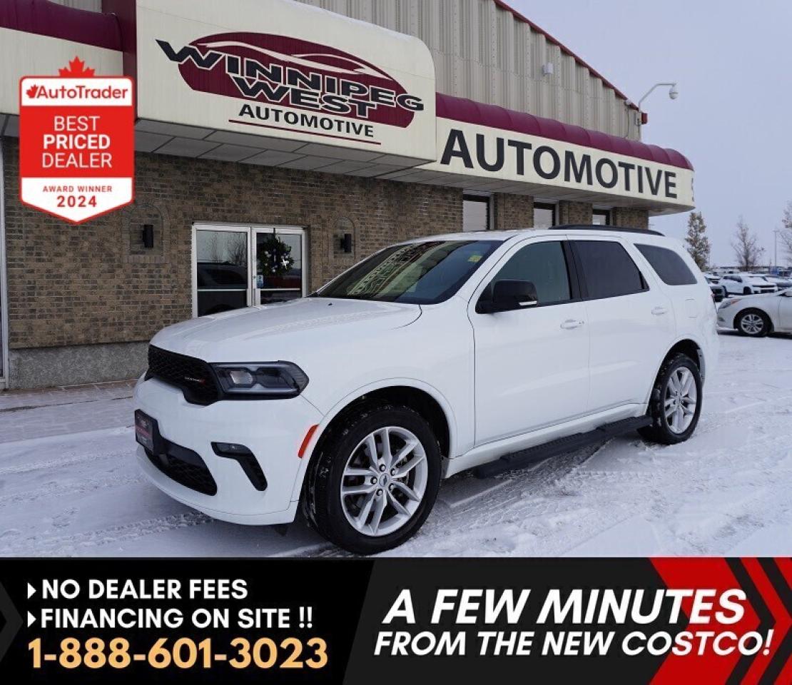 *** Dealer arranged financing on site! Quick, Simple,  no calls or waiting on bank appointments required!! Drive away today ***   NO ADMINISTRATION FEES!!

WOW GREAT LOOKS & FULLY LOADED WITH ALL THE OPTIONS, INCLUDING, SUNROOF, NAVIGATION, HEATED STEERING WHEEL, HEATED FRONT & MORE, THIS 2023 DODGE DURANGO GT 7-PASS AWD FINISHED IN WHITE KNUCKLE ON BLACK LEATHER CLEAN AND IS READY TO GO!!  
 
- 3.6L Pentastar V6 with Stop/Start Fuel Saver WITH 295hp!! 
- 8-Speed automatic 
- Smart AWD Auto 4x4 
- Heated Steering wheel
- Power heated memory leather Sport Bucket seating 
- Heated Second Row
- 3rd row seats (full 7-passenger) 
- 2-way power sunroof  
- Uconnect5 with 10.1-inch touchscreen infotainment system 
- Premium audio with AUX & USB 
- Satellite and Apple Car Play/Android Auto capable 
- 4G LTE Wifi Hot Spot 
- Factory Navigation 
- Tri zone auto climate control with rear air and heat 
- Smart Proximity keys with push button start 
- Factory Remote starter 
- Power lift gate 
- Back up camera 
- Rear Park sensors 
- factory tow package   
- Trailer sway control 
- 20-inch Sport Aluminum alloy Wheels 
- Read below for more info... 

SPORT MEETS LUXURY AND FUNCTIONALITY IN THIS 7 PASSENGER 2023 DODGE DURANGO GT AWD, LOADED INCLUDING SUNROOF, HEATED SEATS FRONT AND REAR AND HEATED STEERING WHEEL! GREAT LOOKS IN BRIGHT WHITE KNUCKLE ON BLACK LEATHER, VERY CLEAN INSIDE AND OUT! This beauty gets power and performance from the proven 3.6L Pentastar V6 engine delivering 295 hp matched to the smooth shifting 8-speed sport-shift automatic, smart auto 4X4 (AWD). This GT is loaded with top of line luxury options like key-less Bluetooth entry with push button start, power lift gate, tri-zone automatic climate control with rear air and heat, heated power memory Sport leather Bucket front seats, heated second row, and with third row (true 7-passenger seating), heated steering wheel, 8-way power adjustable front seats, 2 way power sunroof, tilt and telescopic wheel, Uconnect5 with 10.1-inch touchscreen infotainment system with AUX, USB and satellite, Bluetooth for phone and media, Apple Car Play and Android Auto, factory navigation sys, factory remote start, electronic stability control with hill decent and anti-roll assist, dark privacy glass, GT Appearance package (with body coloured body accents, handles, mirrors and trim), Factory tow package including back up camera, engine cooling and trailer sway control. All this rides on 20" Sport aluminum alloy wheels and so much more. Very clean inside and out with great financing terms available now!! 


Comes with a Manitoba Safety Certification, and we have many Extended Powertrain warrantys available on your vehicle purchase up to 10-year coverage (on eligible vehicles see dealer for details). Financing on site with Zero down financing OAC. Trades accepted. View at Winnipeg West Automotive Group, 5195 Portage Ave. (only a couple of minutes past the new Costco) Dealer permit # 6007, Call now 1(888) 601-3023. This Car is located in Winnipeg Manitoba,  however we can have it shipped anywhere in North America relatively inexpensively.