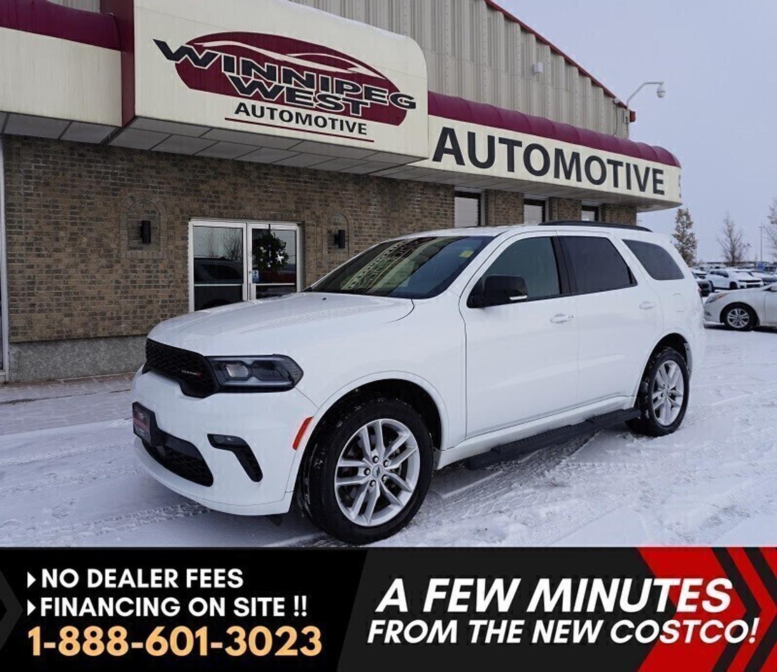 *** Dealer arranged financing on site! Quick, Simple,  no calls or waiting on bank appointments required!! Drive away today ***   NO ADMINISTRATION FEES!!

WOW GREAT LOOKS & FULLY LOADED WITH ALL THE OPTIONS, INCLUDING, SUNROOF, NAVIGATION, HEATED STEERING WHEEL, HEATED FRONT & MORE, THIS 2023 DODGE DURANGO GT 7-PASS AWD FINISHED IN WHITE KNUCKLE ON BLACK LEATHER CLEAN AND IS READY TO GO!!  
 
- 3.6L Pentastar V6 with Stop/Start Fuel Saver WITH 295hp!! 
- 8-Speed automatic 
- Smart AWD Auto 4x4 
- Heated Steering wheel
- Power heated memory leather Sport Bucket seating 
- Heated Second Row
- 3rd row seats (full 7-passenger) 
- 2-way power sunroof  
- Uconnect5 with 10.1-inch touchscreen infotainment system 
- Premium audio with AUX & USB 
- Satellite and Apple Car Play/Android Auto capable 
- 4G LTE Wifi Hot Spot 
- Factory Navigation 
- Tri zone auto climate control with rear air and heat 
- Smart Proximity keys with push button start 
- Factory Remote starter 
- Power lift gate 
- Back up camera 
- Rear Park sensors 
- factory tow package   
- Trailer sway control 
- 20-inch Sport Aluminum alloy Wheels 
- Read below for more info... 

SPORT MEETS LUXURY AND FUNCTIONALITY IN THIS 7 PASSENGER 2023 DODGE DURANGO GT AWD, LOADED INCLUDING SUNROOF, HEATED SEATS FRONT AND REAR AND HEATED STEERING WHEEL! GREAT LOOKS IN BRIGHT WHITE KNUCKLE ON BLACK LEATHER, VERY CLEAN INSIDE AND OUT! This beauty gets power and performance from the proven 3.6L Pentastar V6 engine delivering 295 hp matched to the smooth shifting 8-speed sport-shift automatic, smart auto 4X4 (AWD). This GT is loaded with top of line luxury options like key-less Bluetooth entry with push button start, power lift gate, tri-zone automatic climate control with rear air and heat, heated power memory Sport leather Bucket front seats, heated second row, and with third row (true 7-passenger seating), heated steering wheel, 8-way power adjustable front seats, 2 way power sunroof, tilt and telescopic wheel, Uconnect5 with 10.1-inch touchscreen infotainment system with AUX, USB and satellite, Bluetooth for phone and media, Apple Car Play and Android Auto, factory navigation sys, factory remote start, electronic stability control with hill decent and anti-roll assist, dark privacy glass, GT Appearance package (with body coloured body accents, handles, mirrors and trim), Factory tow package including back up camera, engine cooling and trailer sway control. All this rides on 20" Sport aluminum alloy wheels and so much more. Very clean inside and out with great financing terms available now!! 


Comes with a Manitoba Safety Certification, and we have many Extended Powertrain warranties available on your vehicle purchase up to 10-year coverage (on eligible vehicles see dealer for details). Financing on site with Zero down financing OAC. Trades accepted. View at Winnipeg West Automotive Group, 5195 Portage Ave. (only a couple of minutes past the new Costco) Dealer permit # 6007, Call now 1(888) 601-3023. This Car is located in Winnipeg Manitoba,  however we can have it shipped anywhere in North America relatively inexpensively.
