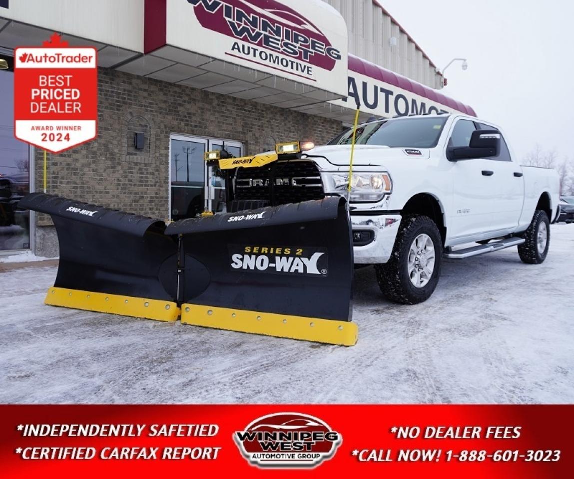 *** Dealer arranged financing on site! Quick, Simple,  no calls or waiting on bank appointments required!! Drive away today ***   NO ADMINISTRATION FEES!!
 
2023 RAM 2500 BIG HORN CREW CAB 4X4 | 6.4L HEMI V8 | ONLY 41,000 KMS | EXCEPTIONALLY CLEAN | INCLUDES BRAND NEW SNOW-WAY V- BLADE SNOW PLOW

***ATTENTION SNOW CONTRACTORS, LIKE NEW LOW KMS 2023 RAM 2500 WITH FACTORY SNOW PLOW PREP PACKAGE FULLY RIGGED UP SNO-WAY PLOW READY TO WORK TODAY***       

STILL AS NEW  HARD-TO-FIND 2023 RAM 3500 BIG HORN CREW CAB 4X4  and yes WITH factory snow plow prep package, buckets and console in premium shape! Premium 2023 RAM 2500 BIG HORN CREW CAB 4X4 ONLY 41,000 KM Exceptionally Clean Fully Equipped Dealer-Select Quality AND WITH ADDED BRAND NEW SNO-WAY Flared 29VHD Series 2 Snowplow 96-inch Blade with Down Pressure and front leveling air bags already installed (over $16,000 Value) Featuring NEW wireless multi-function hand held remote control, MAKE MONEY TODAY, with this fully set-up plow truck!! 

Under the hood is the proven 6.4L HEMI V8, paired with a smooth and responsive 8-speed automatic transmission, delivering outstanding towing capability and confident performance in all conditions. The electronic shift-on-the-fly 4x4 system makes this truck ready for work, winter driving, off-road use, or towing with ease.

PERFORMANCE & CAPABILITY

- 6.4L HEMI V8 engine
- 8-speed automatic transmission
- Electronic shift-on-the-fly 4x4
- Anti-spin rear differential
- FACTORY SNOW CHIEF GROUP WITH DUAL ALTERNATORS!
- Engine block heater
- Off-Road Group with hill descent control and tow hooks
- Heavy-duty front and rear shock absorbers
- Class V hitch receiver
- 4-pin and 7-pin trailer wiring
- Trailer Sway Control and Trailer Light Check

INTERIOR COMFORT & TECHNOLOGY

- Premium cloth front bucket seats WITH Full Center console
- Power 8-way adjustable driver seat with power lumbar
- Rear 60/40 split-folding bench seat
- Push-button start and remote start system
- Dual-zone automatic climate control
- Uconnect 5 NAV with 8.4-inch touchscreen
- GPS navigation
- Apple CarPlay and Android Auto
- Alexa Built-In
- SiriusXM with 360L
- 4G LTE Wi-Fi hotspot
- Media hub with USB ports
- 3.5-inch full-color driver information display

SAFETY & DRIVER ASSIST

- ParkView rear backup camera
- Rear backup alarm
- Advanced multistage airbags
- Side curtain and seat-mounted airbags
- Electronic Stability Control
- Traction Control
- Brake Assist
- Hill Start Assist
- Electronic Roll Mitigation
- Sentry Key theft deterrent system
- Security alarm

EXTERIOR & UTILITY FEATURES

- Crew Cab with spacious rear seating
- Power heated folding telescoping mirrors
- Forward and reverse utility lights
- Clearance lamps
- Fog lamps
- Bright cab-length side steps
- Mopar spray-in bedliner
- Rear wheelhouse liners
- Locking tailgate
- Brand NEW Cooper Discoverer HEAVY Duty tires
- FULLY SET-UP WITH WIRELESS SNO-WAY Flared 29VHD Series 2 Snow plow 96-inch Blade, including front Air bags already installed (over $16,000 Value)

This 2023 RAM 2500 Big Horn 4x4 with Snow Plow Prep Package, is a perfect choice for anyone looking for a low-mileage heavy-duty truck, whether for work, towing, recreation, or daily driving. Clean, powerful, well-equipped, and hard to find with kilometers this low. Contact us today to schedule a test drive or to get more details. Trucks like this dont last long.

This truck is super clean, proudly owned, and in excellent condition inside and out, and is already set-up with a BRAND NEW SNO-WAY PLOW AND FRONT AIR BAGS ready to make you MONEY today!!!

Comes with a Manitoba Safety Certification, and we have many Extended Powertrain warrantys available on your vehicle purchase up to 10-year coverage (on eligible vehicles see dealer for details). Financing on site with Zero down financing OAC. Trades accepted. View at Winnipeg West Automotive Group, 5195 Portage Ave. (only a couple of minutes past the new Costco) Dealer permit # 6007, Call now 1(888) 601-3023. This Car is located in Winnipeg Manitoba,  however we can have it shipped anywhere in North America relatively inexpensively.