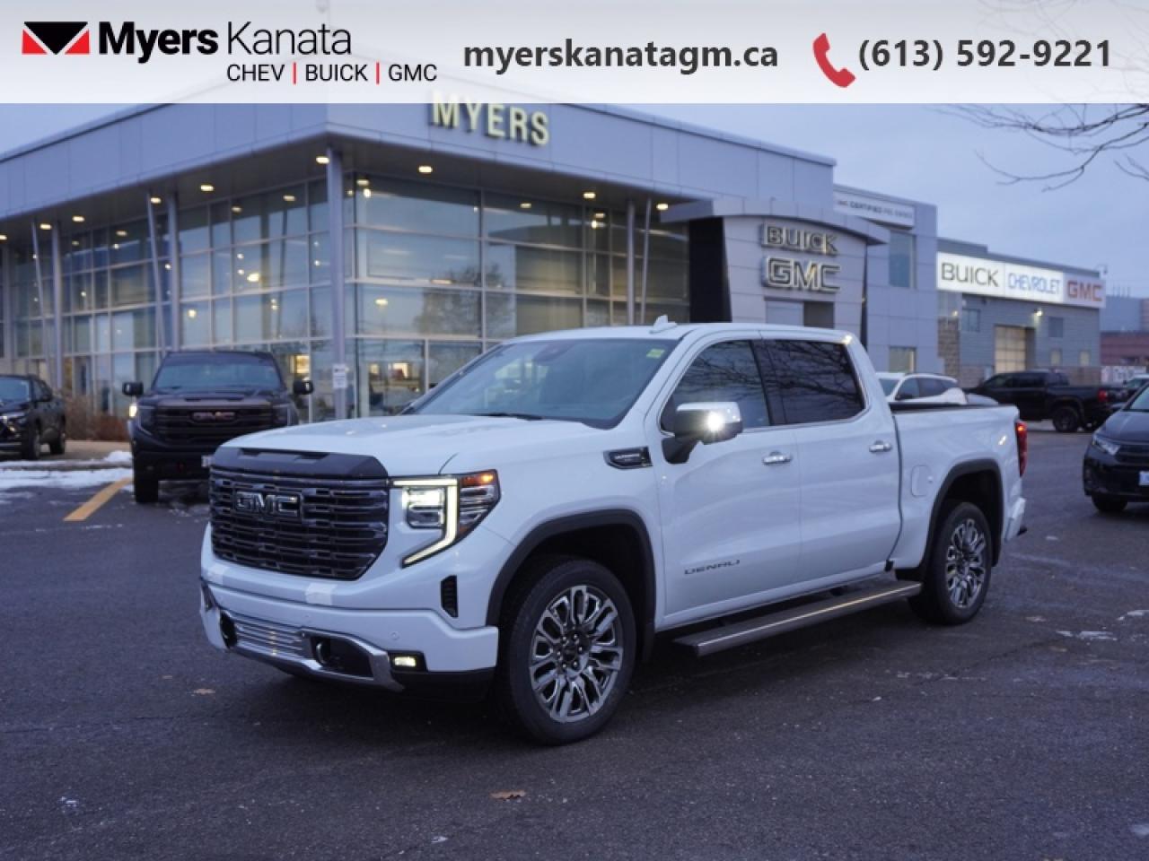 <b>Leather Seats, Multi-Pro Tailgate Audio, Spray-On Bedliner!</b><br> <br> <br> <br>At Myers, we believe in giving our customers the power of choice. When you choose to shop with a Myers Auto Group dealership, you dont just have access to one inventory, youve got the purchasing power of an entire auto group behind you!<br> <br>No matter where youre heading or what tasks need tackling, theres a premium and capable Sierra 1500 thats perfect for you. <br> <br>This 2026 GMC Sierra 1500 stands out in the midsize pickup truck segment, with bold proportions that create a commanding stance on and off road. Next level comfort and technology is paired with its outstanding performance and capability. Inside, the Sierra 1500 supports you through rough terrain with expertly designed seats and robust suspension. This amazing 2026 Sierra 1500 is ready for whatever.<br> <br>This Glacier White Tricoat Crew Cab 4X4 pickup has an Automatic transmission and is powered by a 420HP 6.2L 8 Cylinder Engine. <br> <br> Our Sierra 1500s trim level is Denali Ultimate. This range-topping trim blends luxury, capability, and advanced safety in one commanding pickup. Its Trailering Package, MultiPro Tailgate, and integrated trailer technology make towing effortless, while GMC Pro Safety features like Forward Collision Alert, Lane Keep Assist, Enhanced Automatic Emergency Braking, and the Safety Alert Seat provide peace of mind. Bold 22-inch wheels, LED lighting, Vader Chrome accents, and power-retractable steps enhance its presence, and the interior offers premium leather seats with heating, ventilation, and massage, plus advanced tech like a 13.4-inch infotainment system, Bose 12-speaker audio, wireless Apple CarPlay/Android Auto, a 12.3-inch digital cluster, Head-Up Display, Super Cruise, and HD Surround Vision. Thoughtful touches including cargo tie-downs, spray-on bedliner, and OnStar connectivity make it a capable, connected, and refined pickup for any adventure. This vehicle has been upgraded with the following features: Leather Seats, Multi-Pro Tailgate Audio, Spray-On Bedliner.<br><br> <br>To apply right now for financing use this link: <a href=https://www.myerskanatagm.ca/finance/ target=_blank>https://www.myerskanatagm.ca/finance/</a><br><br> <br/> Total  rebate of $5000 is reflected in the price.   Incentives expire 2026-02-02.  See dealer for details. <br> <br>Myers Kanata Chevrolet Buick GMC Inc is a great place to find quality used cars, trucks and SUVs. We also feature over a selection of over 50 used vehicles along with 30 certified pre-owned vehicles. Our Ottawa Chevrolet, Buick and GMC dealership is confident that youll be able to find your next used vehicle at Myers Kanata Chevrolet Buick GMC Inc. You will always find our inventory updated with the latest models. Our team believes in giving nothing but the best to our customers. Visit our Ottawa GMC, Chevrolet, and Buick dealership and get all the information you need today!<br> Come by and check out our fleet of 50+ used cars and trucks and 330+ new cars and trucks for sale in Kanata.  o~o