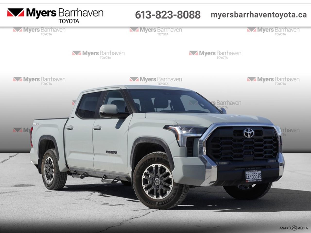 <b>Low Mileage, Navigation,  Apple CarPlay,  Android Auto,  Adaptive Cruise Control,  Lane Keep Assist!</b><br> <br>  Compare at $72610 - Our Live Market Price is just $69817! <br> <br>With premium refinement, a chiseled design and all the tech you need, this 2026 Tundra gets you where you want to go in comfort and style. This 2026 Toyota Tundra is for sale today in Ottawa.<br> <br>This 2026 Toyota Tundra is proof that bold can be beautiful, and with an enormous towing capacity the Tundra keeps proving itself to be one of the best pickup trucks on the market. It offers dynamic performance in all of the right places and comes loaded with its innovative tech features, extraordinary driving performance with unheard of fuel economy. The Toyota Tundra perfectly blends functionality and practicality, with a spacious cabin that gives you and your crew enough room to stretch out with premium materials that creates a distinctively upscale feel.<br> <br>This low mileage Crew Cab 4X4 pickup has just 1,876 km. Its Lunar Rock in colour. It has an Automatic transmission and is powered by a 358HP 3.4L V6 Cylinder Engine. <br> <br> Our Tundras trim level is SR. This rugged and dependable Tundra SR comes fitted with amazing standard features such as class IV towing equipment with hitch and trailer sway control, trailer wiring harness, a full-size spare tire with underbody storage, adaptive cruise control, automatic air conditioning, and an 8-inch infotainment screen powered by Toyota Multimedia, with wireless Apple CarPlay and Android Auto, SiriusXM streaming radio, and Drive Connect with cloud navigation and Destination Assist. Safety features include lane keeping assist, lane departure warning, forward collision mitigation with a pre-collision system, driver monitoring alert, and a rear camera. Additional features include front and rear cupholders, proximity keyless entry with push button start, 60-40 folding split-bench rear seats, and so much more. This vehicle has been upgraded with the following features: Navigation, Apple CarPlay, Android Auto, Adaptive Cruise Control, Lane Keep Assist, Lane Departure Warning, Forward Collision Alert.<br> <br>To apply right now for financing use this link: <a href=https://www.myersbarrhaventoyota.ca/quick-approval/ target=_blank>https://www.myersbarrhaventoyota.ca/quick-approval/</a><br> <br/>Buy this vehicle now for the lowest bi-weekly payment of <b>$485.59</b> with $0 down for 84 months @ 6.99% APR O.A.C. ( Plus applicable taxes - Plus applicable fees ). See dealer for details. <br><br>At Myers Barrhaven Toyota we pride ourselves in offering highly desirable pre-owned vehicles. We truly hand pick all our vehicles to offer only the best vehicles to our customers. No two used cars are alike, this is why we have our trained Toyota technicians highly scrutinize all our trade ins and purchases to ensure we can put the Myers seal of approval. Every year we evaluate 1000s of vehicles and only 10-15% meet the Myers Barrhaven Toyota standards. At the end of the day we have mutual interest in selling only the best as we back all our pre-owned vehicles with the Myers *LIFETIME ENGINE TRANSMISSION warranty. Thats right *LIFETIME ENGINE TRANSMISSION warranty, were in this together! If we dont have what youre looking for not to worry, our experienced buyer can help you find the car of your dreams! Ever heard of getting top dollar for your trade but not really sure if you were? Here we leave nothing to chance, every trade-in we appraise goes up onto a live online auction and we get buyers coast to coast and in the USA trying to bid for your trade. This means we simultaneously expose your car to 1000s of buyers to get you top trade in value. <br>We service all makes and models in our new state of the art facility where you can enjoy the convenience of our on-site restaurant, shuttle van, free Wi-Fi, Enterprise Rent-A-Car, on-site tire storage, and complimentary drinks. Come see why many Toyota owners are making the switch to Myers Barrhaven Toyota. <br>*LIFETIME ENGINE TRANSMISSION WARRANTY NOT AVAILABLE FOR VEHICLES WITH KMS EXCEEDING 140,000KM, VEHICLES 8 YEARS & OLDER, HIGHLINE BRAND VEHICLES (e.g., BMW, INFINITI, CADILLAC, LEXUS), AND QUEBEC RESIDENTS.<br> Come by and check out our fleet of 100+ used cars and trucks and 20+ new cars and trucks for sale in Ottawa.  o~o
