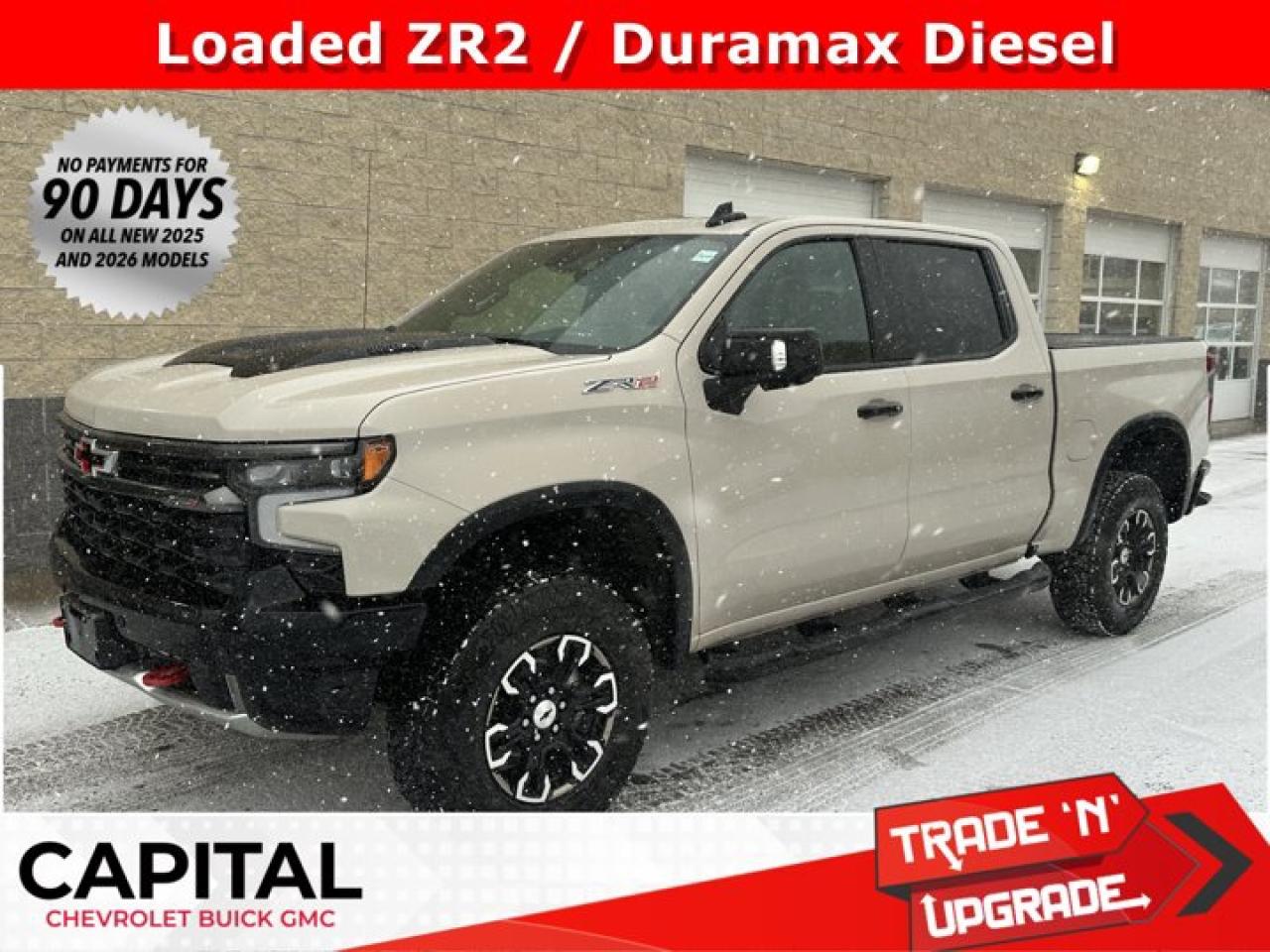 Accessories include: Rev Hard Folding Tonneau Cover.This Chevrolet Silverado 1500 boasts a Turbocharged Diesel I6 3.0L/ engine powering this Automatic transmission. ENGINE, DURAMAX 3.0L TURBO-DIESEL I6 (305 hp [227 kW] @ 3750 rpm, 495 lb-ft of torque [671 Nm] @ 2750 rpm) (Includes (KW5) 220-amp alternator and (K05) engine block heater.) (STD), ZR2 Suspension Package High-Performance lifted suspension with Multimatic DSSV dampers, Wireless phone projection for Apple CarPlay and Android Auto.*This Chevrolet Silverado 1500 Comes Equipped with These Options *Wipers, front rain-sensing, Windows, power rear, express down, Window, power, rear sliding with rear defogger, Window, power front, passenger express up/down, Window, power front, drivers express up/down, Wi-Fi Hotspot capable (Terms and limitations apply. See onstar.ca or dealer for details.), Wheels, 18 x 8.5 (45.7 cm x 21.6 cm) aluminum machined face with Black Painted spokes and Oxide Gold painted outer ring accents, Wheelhouse liners, rear, Wheel, 18 aluminum spare, USB ports, rear, dual, charge-only.*Visit Us Today *Come in for a quick visit at Capital Chevrolet Buick GMC Inc., 13103 Lake Fraser Drive SE, Calgary, AB T2J 3H5 to claim your Chevrolet Silverado 1500!