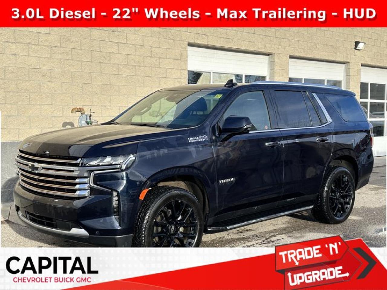 Recent Arrival!Ask for the Internet Department for more information or book your test drive today! Call 403-256-4960 for fast answers at your fingertips! Disclaimer: All prices are plus taxes. See dealer for details. AMVIC Licensed Dealer # B2020028.2024 Tahoe 10-Speed Automatic with Overdrive 4WD Tahoe High Country, 3.0L I6, Advanced Trailering Package, Bose 10-Speaker Centerpoint Surround Audio Sys Ft, Dual-Pane Power Panoramic Sunroof, Heads-Up Display, Heated front seats, Heated rear seats, Hitch View w/Pan/Zoom Image Adjustment, Integrated Trailer Brake Controller, Max Trailering Package, Power Liftgate, Smart Trailer Integration Indicator, Trailer Side Blind Zone Alert, Ventilated front seats, Wheels: 22 Multi-Spoke Gloss Black (LPO).