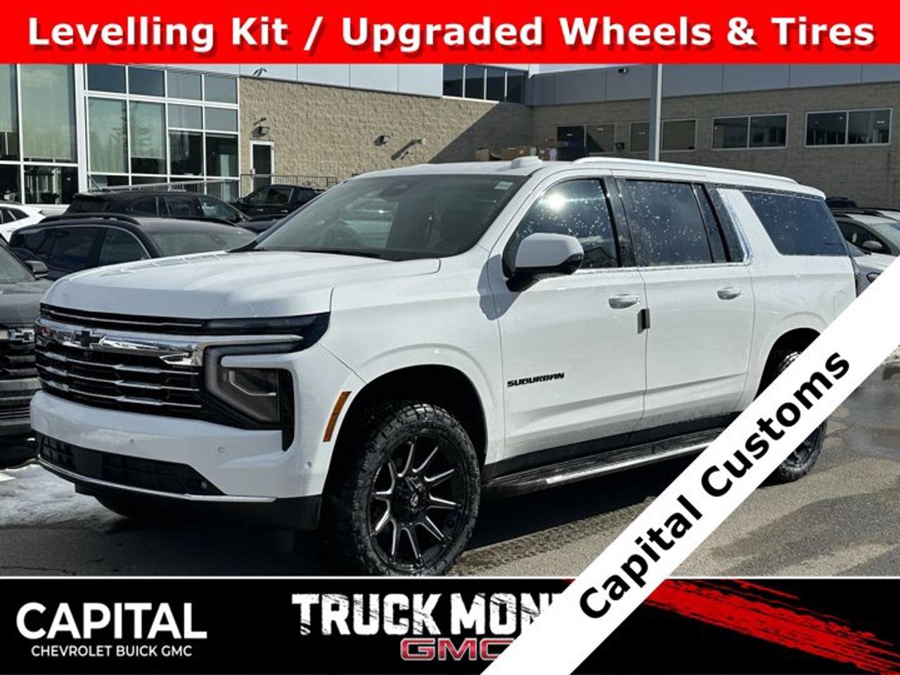 Accessories Include: 2 inch levelling kit, upgraded wheels & tires and black bowties.This Chevrolet Suburban delivers a Gas V8 5.3L/ engine powering this Automatic transmission. TRANSMISSION, 10-SPEED AUTOMATIC electronically controlled with overdrive, includes Traction Select System including tow/haul (STD), SUMMIT WHITE, SEATS, SECOND ROW BUCKET, POWER RELEASE.*This Chevrolet Suburban Comes Equipped with These Options *LPO, ALL-WEATHER LINER PROTECTION PACKAGE includes (RIA) 1st and 2nd row all-weather floor liners, LPO, (RIB) 3rd row all-weather floor liner, LPO and (CAV) all-weather cargo mat, LPO (dealer-installed), COMFORT PACKAGE includes (A45) memory settings, (UQS) Bose 10-speaker Surround with CenterPoint, (DXR) outside heated power-adjustable, power-folding, body-colour mirrors with driver-side auto-dimming and integrated turn signal indicators, (KI3) heated steering wheel, (KA6) second row outboard heated seats, (ATT) second row power 60/40 split-folding bench seats, (AS8) third row power 60/40 split-folding bench seats, (TGE) LED animated headlamps and (TAU) LED animated tail lamps (Also includes (WPL) Luxury Package content. , LT PREFERRED EQUIPMENT GROUP includes standard equipment, LPO, WHEEL LOCKS, SET OF 4 (dealer-installed), LPO, ALL-WEATHER FLOOR LINERS, 3RD ROW (dealer-installed), LPO, ALL-WEATHER FLOOR LINERS, 1ST AND 2ND ROWS (dealer-installed), LPO, ALL-WEATHER CARGO MAT (dealer-installed), ENGINE, 5.3L ECOTEC3 V8 with Dynamic Fuel Management, Direct Injection and Variable Valve Timing, includes aluminum block construction (355 hp [265 kW] @ 5600 rpm, 383 lb-ft of torque [518 Nm] @ 4100 rpm) (STD), ENGINE BLOCK HEATER, 3 YEARS SIRIUSXM.*Visit Us Today *Stop by Capital Chevrolet Buick GMC Inc. located at 13103 Lake Fraser Drive SE, Calgary, AB T2J 3H5 for a quick visit and a great vehicle!