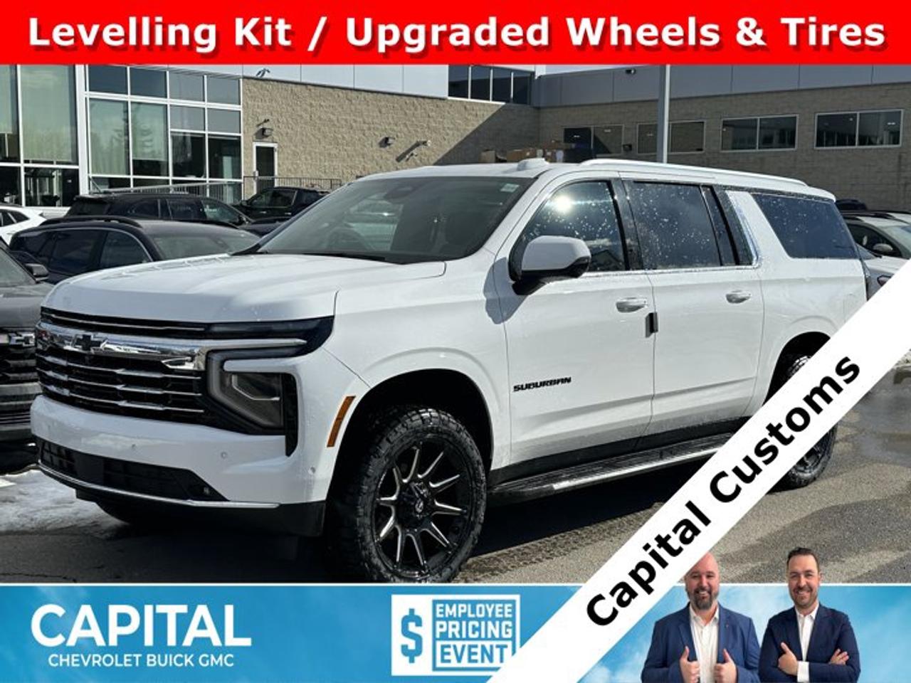 Accessories Include: 2 inch levelling kit, upgraded wheels & tires and black bowties.This Chevrolet Suburban delivers a Gas V8 5.3L/ engine powering this Automatic transmission. TRANSMISSION, 10-SPEED AUTOMATIC electronically controlled with overdrive, includes Traction Select System including tow/haul (STD), SUMMIT WHITE, SEATS, SECOND ROW BUCKET, POWER RELEASE.*This Chevrolet Suburban Comes Equipped with These Options *LPO, ALL-WEATHER LINER PROTECTION PACKAGE includes (RIA) 1st and 2nd row all-weather floor liners, LPO, (RIB) 3rd row all-weather floor liner, LPO and (CAV) all-weather cargo mat, LPO (dealer-installed), COMFORT PACKAGE includes (A45) memory settings, (UQS) Bose 10-speaker Surround with CenterPoint, (DXR) outside heated power-adjustable, power-folding, body-colour mirrors with driver-side auto-dimming and integrated turn signal indicators, (KI3) heated steering wheel, (KA6) second row outboard heated seats, (ATT) second row power 60/40 split-folding bench seats, (AS8) third row power 60/40 split-folding bench seats, (TGE) LED animated headlamps and (TAU) LED animated tail lamps (Also includes (WPL) Luxury Package content. , LT PREFERRED EQUIPMENT GROUP includes standard equipment, LPO, WHEEL LOCKS, SET OF 4 (dealer-installed), LPO, ALL-WEATHER FLOOR LINERS, 3RD ROW (dealer-installed), LPO, ALL-WEATHER FLOOR LINERS, 1ST AND 2ND ROWS (dealer-installed), LPO, ALL-WEATHER CARGO MAT (dealer-installed), ENGINE, 5.3L ECOTEC3 V8 with Dynamic Fuel Management, Direct Injection and Variable Valve Timing, includes aluminum block construction (355 hp [265 kW] @ 5600 rpm, 383 lb-ft of torque [518 Nm] @ 4100 rpm) (STD), ENGINE BLOCK HEATER, 3 YEARS SIRIUSXM.*Visit Us Today *Stop by Capital Chevrolet Buick GMC Inc. located at 13103 Lake Fraser Drive SE, Calgary, AB T2J 3H5 for a quick visit and a great vehicle!