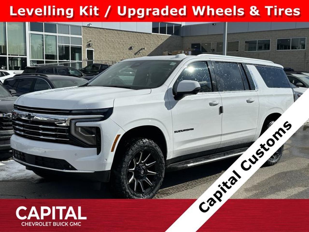 Accessories Include: 2 inch levelling kit, upgraded wheels & tires and black bowties.This Chevrolet Suburban delivers a Gas V8 5.3L/ engine powering this Automatic transmission. TRANSMISSION, 10-SPEED AUTOMATIC electronically controlled with overdrive, includes Traction Select System including tow/haul (STD), SUMMIT WHITE, SEATS, SECOND ROW BUCKET, POWER RELEASE.*This Chevrolet Suburban Comes Equipped with These Options *LPO, ALL-WEATHER LINER PROTECTION PACKAGE includes (RIA) 1st and 2nd row all-weather floor liners, LPO, (RIB) 3rd row all-weather floor liner, LPO and (CAV) all-weather cargo mat, LPO (dealer-installed), COMFORT PACKAGE includes (A45) memory settings, (UQS) Bose 10-speaker Surround with CenterPoint, (DXR) outside heated power-adjustable, power-folding, body-colour mirrors with driver-side auto-dimming and integrated turn signal indicators, (KI3) heated steering wheel, (KA6) second row outboard heated seats, (ATT) second row power 60/40 split-folding bench seats, (AS8) third row power 60/40 split-folding bench seats, (TGE) LED animated headlamps and (TAU) LED animated tail lamps (Also includes (WPL) Luxury Package content. , LT PREFERRED EQUIPMENT GROUP includes standard equipment, LPO, WHEEL LOCKS, SET OF 4 (dealer-installed), LPO, ALL-WEATHER FLOOR LINERS, 3RD ROW (dealer-installed), LPO, ALL-WEATHER FLOOR LINERS, 1ST AND 2ND ROWS (dealer-installed), LPO, ALL-WEATHER CARGO MAT (dealer-installed), ENGINE, 5.3L ECOTEC3 V8 with Dynamic Fuel Management, Direct Injection and Variable Valve Timing, includes aluminum block construction (355 hp [265 kW] @ 5600 rpm, 383 lb-ft of torque [518 Nm] @ 4100 rpm) (STD), ENGINE BLOCK HEATER, 3 YEARS SIRIUSXM.*Visit Us Today *Stop by Capital Chevrolet Buick GMC Inc. located at 13103 Lake Fraser Drive SE, Calgary, AB T2J 3H5 for a quick visit and a great vehicle!