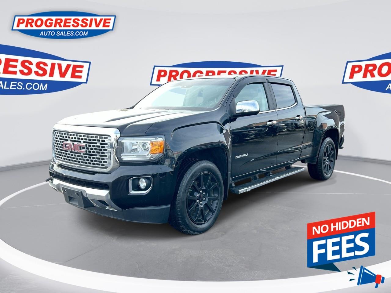 <b>Navigation, Leather Seats, Cooled Seats, Bluetooth, Rear View Camera!</b><br /> <br /> The GMC Canyon is the most upscale entry in the mid-size pickup truck segment. This 2018 GMC Canyon is for sale today. <br /> <br />This GMC Canyon is built around the idea of a all-in-one work truck, providing the durability and premium detail you expect from a Professional Grade GMC pickup. Capable, versatile and entirely refined, this mid-size Canyon balances power and technology in a package that is spacious and efficient. Whether you need a pickup truck for some occasional hauling, off-road fun, or you just want to have a pickup truck, this premium GMC Canyon fits the bill. It has almost as much capability as its bigger counterparts, but it's easier to maneuver, easier to park, and will provide you with better fuel economy. Where ever you and your family go, go confidently in this GMC Canyon that personifies GMC's attitude and dedication to precision.This Regular Cab 4X4 pickup has 108,919 kms. It's black in colour . It has a 8 speed automatic transmission and is powered by a 308HP 3.6L V6 Cylinder Engine. It may have some remaining factory warranty, please check with dealer for details. <br /> <br /> Our Canyon's trim level is Denali. This top of the line Denali is the nicest midsize pickup money can buy. It comes with a color touchscreen radio with navigation, Bluetooth, and SiriusXM, Bose 7 speaker premium audio, forward collision alert, lane departure warning, perforated leather seats which are heated and ventilated in front, a heated steering wheel, a rearview camera, remote start, automatic climate control, wireless charging, and much more. This vehicle has been upgraded with the following features: Navigation, Leather Seats, Cooled Seats, Bluetooth, Rear View Camera, Wireless Charging, Premium Sound Package. <br /> <br />To apply right now for financing use this link : <a href=https://www.progressiveautosales.com/credit-application/ target=_blank rel=nofollow noopener noreferrer>https://www.progressiveautosales.com/credit-application/</a><br /><br /> <br /><br /><br /> Progressive Auto Sales provides you with the all the tools you need to find and purchase a used vehicle that meets your needs and exceeds your expectations. Our Sarnia used car dealership carries a wide range of makes and models for exceptionally low prices due to our extensive network of Canadian, Ontario and Sarnia used car dealerships, leasing companies and auction groups. <br /> Our dealership wouldn't be where we are today without the great people in Sarnia and surrounding areas. If you have any questions about our services, please feel free to ask any one of our staff. If you want to visit our dealership, you can also find our hours of operation and location information on our Contact page. o~o
