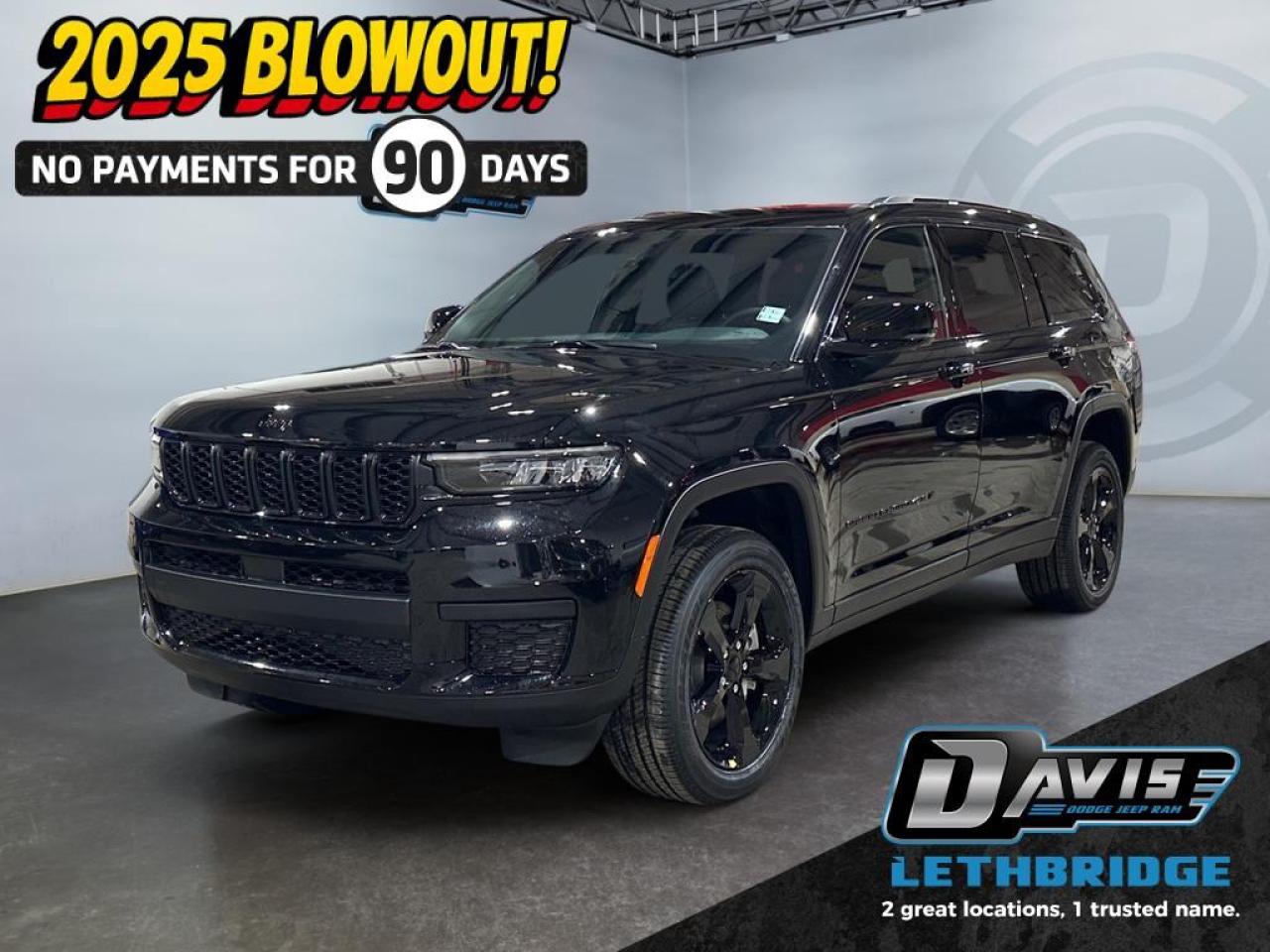 <b>Heated Seats, Heated Steering Wheel, Blind Spot Monitoring, Adaptive Cruise Control!<br /> <br /></b><br /> <br /> <br />The 2025 Jeep Grand Cherokee L Altitude 4x4 in Diamond Black Crystal Pearl delivers bold blacked-out styling, strong V6 performance, and three-row versatility. Its 3.6L Pentastar VVT V6 with ESS and 8-speed automatic transmission provide smooth power and confident capability, paired with the Quadra-Trac I 4x4 system for all-weather traction and everyday reliability.<br /><br />Inside, the Altitude cabin features Capri leatherette seats with suede inserts, a black headliner, front heated seats, a heated steering wheel, tri-zone automatic climate control, and second-row bucket seats for easy third-row access. Technology includes Uconnect 5 with an 8.4-inch touchscreen, Apple CarPlay/Android Auto, 4G LTE Wi-Fi, wireless charging, multiple USB ports including third-row charging, a 10.25-inch digital cluster, and a power liftgate. This model also adds a power sunroof for a premium open-air experience.<br /><br />Advanced safety features include Adaptive Cruise Control with Stop & Go, Full-Speed Forward Collision Warning Plus, Pedestrian/Cyclist Emergency Braking, Active Lane Management, Blind-Spot Monitoring, Rear Cross-Path Detection, ParkView rear camera, and Park-Sense rear park assist. With Gloss Black exterior accents, 20-inch Gloss Black aluminum wheels, and a sleek Altitude Appearance Package, this 2025 Grand Cherokee L Altitude 4x4 blends capability, style, and comfort for families needing a modern, three-row SUV.<br /> <br />To apply right now for financing use this link: <a href=https://www.bridgecitychrysler.com/pre-approval/ target=_blank rel=nofollow noopener noreferrer>https://www.bridgecitychrysler.com/pre-approval/</a><br /><br /> <br /><br />As a premier Chrysler, Dodge, Jeep and RAM dealership, Bridge City Chrysler proudly offers an extensive selection of new and used vehicles to meet every drivers needs. Customers across Lethbridge, Fort Macleod, Taber, Claresholm, Coaldale, and beyond trust us for daily vehicle specials, certified service and parts, and a seamless online inventory experience. <br /><br /> With competitive financing options and expert support, we make car buying easy and enjoyable. <br /><br /> Ready to hit the road? Schedule your test drive today at Bridge City Chrysler, your trusted Chrysler, Dodge, Jeep and RAM dealer in Lethbridge, Alberta.<br /><br /> Vehicle pricing offer shown expires 2026-01-31. <br /> Come by and check out our fleet of 80+ used cars and trucks and 120+ new cars and trucks for sale in Lethbridge. o~o