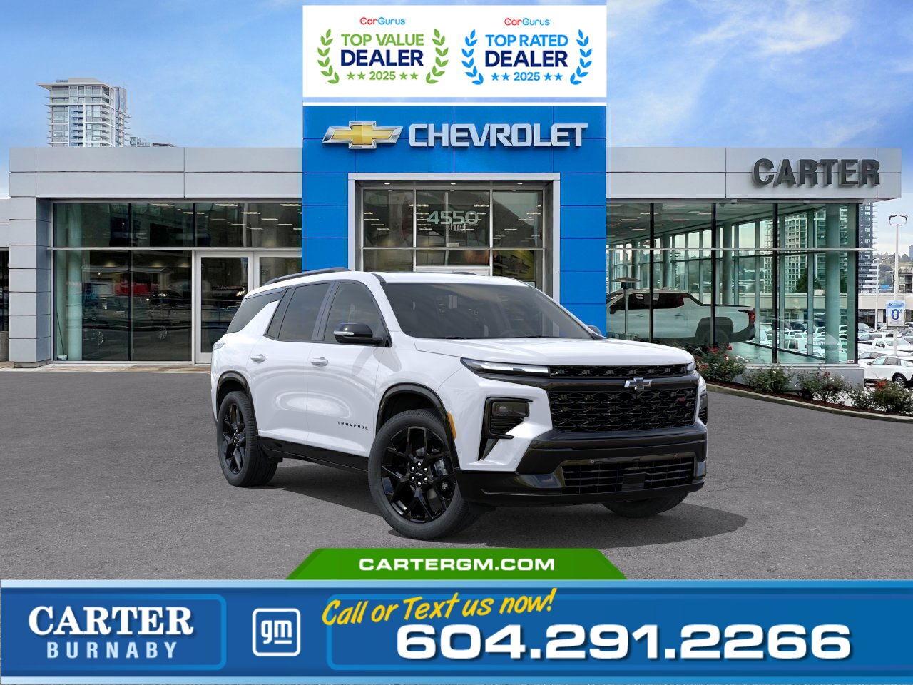 The 2026 Chevrolet Traverse RS AWD delivers bold style, confident performance, and everyday versatility. Its 2.5L Turbo engine and Special Ride and Handling Suspension provide a responsive, composed drive, while the Trailering Package adds capability for weekend adventures. Inside, enjoy a panoramic dual-glass sunroof, hands-free AutoSense power liftgate, and sport-inspired comfort features. Advanced driver-assist technologies enhance confidence on every drive.  Come take it for a test drive today and experience all this stylish vehicle has to offer!  WHY CARTER GM BURNABY?  - An unrivalled vehicle purchasing experience! - Exceeding our loyal customers expectations since 1963 - 4.5 Google star rating with 2,300+ customer reviews) - CarGurus Top-Rated Dealer 2025 Award - CarGurus Top Value Dealer 2025 Award - Vehicle trades welcome! Best price guaranteed! - We provide upfront pricing, zero hidden fees, and 100% transparency - Fast approvals and 99% acceptance rates (no matter your current credit status!) - Multilingual staff (many languages spoken) - Comfortable non-pressured environment with in-store television, WIFI and a childrens play area! - In-store restaurant: fresh daily menu        Were here to help you drive the vehicle you want, the vehicle you deserve! QUESTIONS? GREAT! WEVE GOT ANSWERS! To speak with a friendly vehicle specialist - CALL NOW! The advertised price includes all standard dealer fees and any applicable manufacturer or dealer incentives. It does not include applicable taxes, licensing, insurance, or optional products or services. Dealer fees will be clearly broken out and itemized on the bill of sale, maximum total of fees $595.00. Prices are shown in Canadian dollars. While we make every effort to ensure accuracy, vehicle details, pricing, options, and availability are subject to change without notice. Please confirm all information with dealership sales management before purchase. Dealer Code: 81129