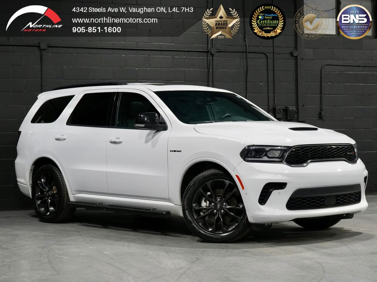 ***QUALIFY FOR A 4 YEAR WARRANTY ON OUR VEHICLES TODAY!!!

Vehicle Options Include
Surnoof, Navigation, Rearview Camera, Keyless Ignition and Entry, Eco Stop/Start, Harman Kardon Sound System, Heated Front and Rear Seats, Memory and Ventilated Seats, Heated Steering Wheel, Paddle Shifters, Power Liftgate, Lane Sense, Park Sense, Wireless Charger, Auto Folding Mirrors, Blind Spot Monitoring, Electric Power Steering, Brake Assist, Hill Start Assist, Bluetooth Connectivity, Audio Voice Control, CLEAN CARFAX

2024 WHITE ON BLACK DODGE DURANGO | AWD

Northline Motors is a 5 star, family-owned dealership that prides itself on strong family values and a commitment to excellence. As consecutive winners of the Peoples Top Choice Award in the GTA, recognized as one of the Top Three Best Dealers in Vaughan by Top Three Rated, named Best Canadian Business by the Canada Business Review Board, and accredited by the Better Business Bureau with an A+ rating, our dedication to quality truly stands out. Weve also been honored with the Readers Choice Award in Vaughan. Visit our website for weekly updates on our exciting inventory, or stop by our pressure free, friendly showrooms - coffee and tea are always on us-to experience luxury, comfort, and innovation firsthand. With over 12 years of industry experience, we understand your needs and work tirelessly to deliver an exceptional experience every time. Our competitive prices and extensive selection of premium vehicles are backed by full transparency, comprehensive vehicle history reports, extended warranties, and aftermarket services. Serving customers nationwide, we invite you to call or visit today and become part of the ever growing Northline family. 

Please note: Prices exclude applicable taxes and licensing fees. All vehicles, unless otherwise specified, can be certified for an additional $999; otherwise, as per OMVIC regulations, the vehicle is not drivable, certified, or e tested. 

Although every effort is made to ensure the information provided is accurate and up-to-date, we do not take responsibility for any errors, omissions, or typographical mistakes found on our pages, including vehicle options. Additionally, prices are subject to change without notice. To ensure you have the most up-to-date information, please contact our sales team.