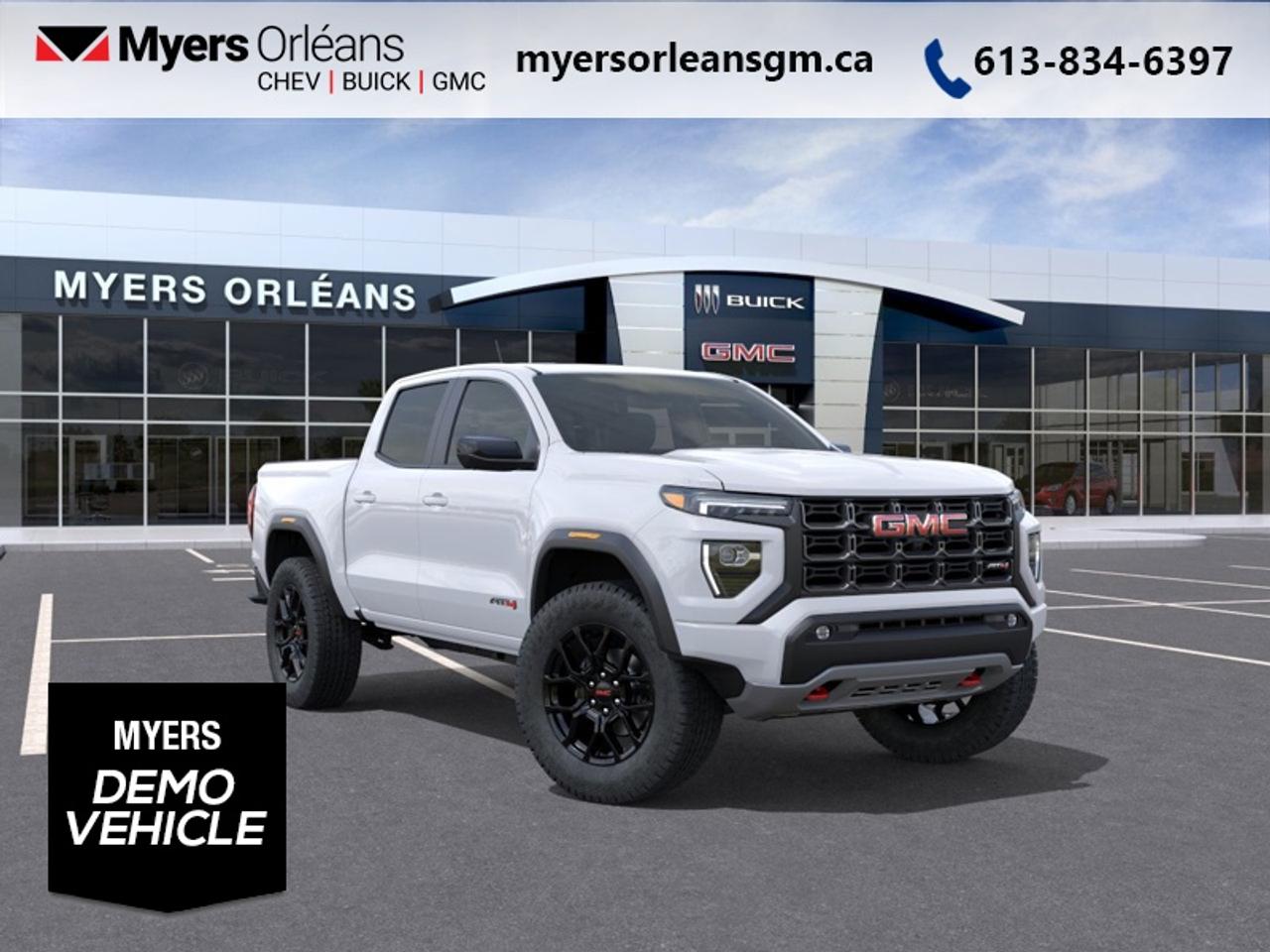 <b>Leather Seats, AT4 Premium Package, Technology Package, 20 inch Aluminum Wheels!</b><br> <br> <br> <br>For more than 80 years, the Myers Automotive Group has brought exceptional vehicles and world-class service to drivers in the Ottawa area. Myers Orleans Chevrolet Buick GMC is proud to serve Greater Ottawa, and to continue the tradition of excellence that the Myers name is known for. We are your trusted and professional choice since 1942!<br> <br>With poised handling, refined interior appoinments and genuine off-road capability, this 2026 Canyon is a force to be reckoned with. <br> <br>Aimed at shoppers who desire the capability of a traditional pickup without the compromise of a full-size truck, this 2026 GMC Canyon is ready to take on whatever you throw at it. From work-site duties to intense off-road sessions, this Canyon is sure to never skip a beat!<br> <br>This Summit White Crew Cab 4X4 pickup has an Automatic transmission and is powered by a 310HP 2.7L 4 Cylinder Engine. <br> <br> Our Canyons trim level is AT4. This trim delivers premium comfort and cutting-edge technology, featuring an 11.3-inch Premium Infotainment System with Google Built-In, wireless Apple CarPlay and Android Auto, SiriusXM with 360L, Wi-Fi hotspot capability, and customizable profiles that keep entertainment and settings seamless. Heated power-adjustable front seats with lumbar support, dual-zone automatic climate control, rear air vents, remote vehicle start, soft-touch interior materials, and multiple USB charging ports create a refined and connected driving environment. Safety is advanced with Forward Collision Alert, Automatic Emergency Braking, Lane Keep Assist with Lane Departure Warning, Blind Zone Steering Assist with Trailering, Rear Cross Traffic Braking, Rear Park Assist, an HD Rear Vision Camera, Following Distance Indicator, Teen Driver mode, and StabiliTrak stability control providing confidence on every journey. This vehicle has been upgraded with the following features: Leather Seats, AT4 Premium Package, Technology Package, 20 inch Aluminum Wheels. This is a demonstrator vehicle driven by a member of our staff, so we can offer a great deal on it.<br><br> <br>To apply right now for financing use this link: <a href=https://www.myersorleansgm.ca/FinancePreQualForm target=_blank>https://www.myersorleansgm.ca/FinancePreQualForm</a><br><br> <br/>   <br> Buy this vehicle now for the lowest bi-weekly payment of <b>$441.00</b> with $0 down for 84 months @ 4.79% APR O.A.C. ( Plus applicable taxes -  **Rebates may not be applicable on all purchase types [cash, lease, or finance]. Eligibility and conditions may vary. Please see dealer for full details and confirmation of eligibility.   ).  Incentives expire 2026-04-30.  See dealer for details. <br> <br>At Myers Orleans Chevrolet, youll find an impressive inventory of brand-new Chevrolet, Buick, and GMC vehicles. But we dont stop there! We also offer an amazing array of gently-used cars, trucks, and SUVs from Chevrolet, as well as a selection of alternate-brand used vehicles from some of Canadas favourite auto makers. When you choose to shop with Myers, youre not limited to what you can find on our well-appointed lot. Youve got the resources of an entire automotive group at your fingertips! Our friendly, no-pressure sales team will go through your list of must-haves, and will match you with the vehicle from Myers that checks off all the right boxes.<br> Come by and check out our fleet of 30+ used cars and trucks and 220+ new cars and trucks for sale in Orleans.  o~o